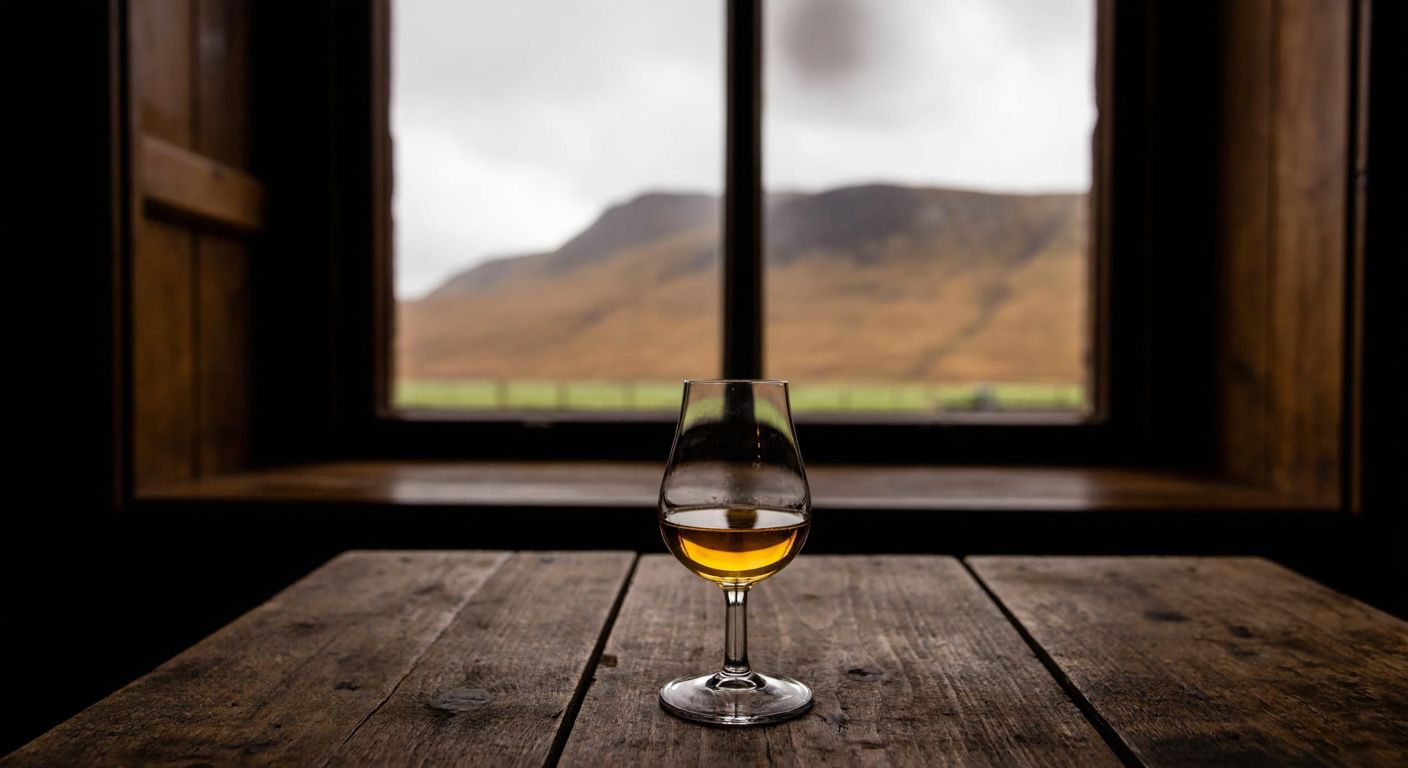 A golden-hued glass of whisky rests on a rustic wooden table in a dimly lit Scottish pub, with a faint mist swirling around it and a Highland landscape visible through a small window.
