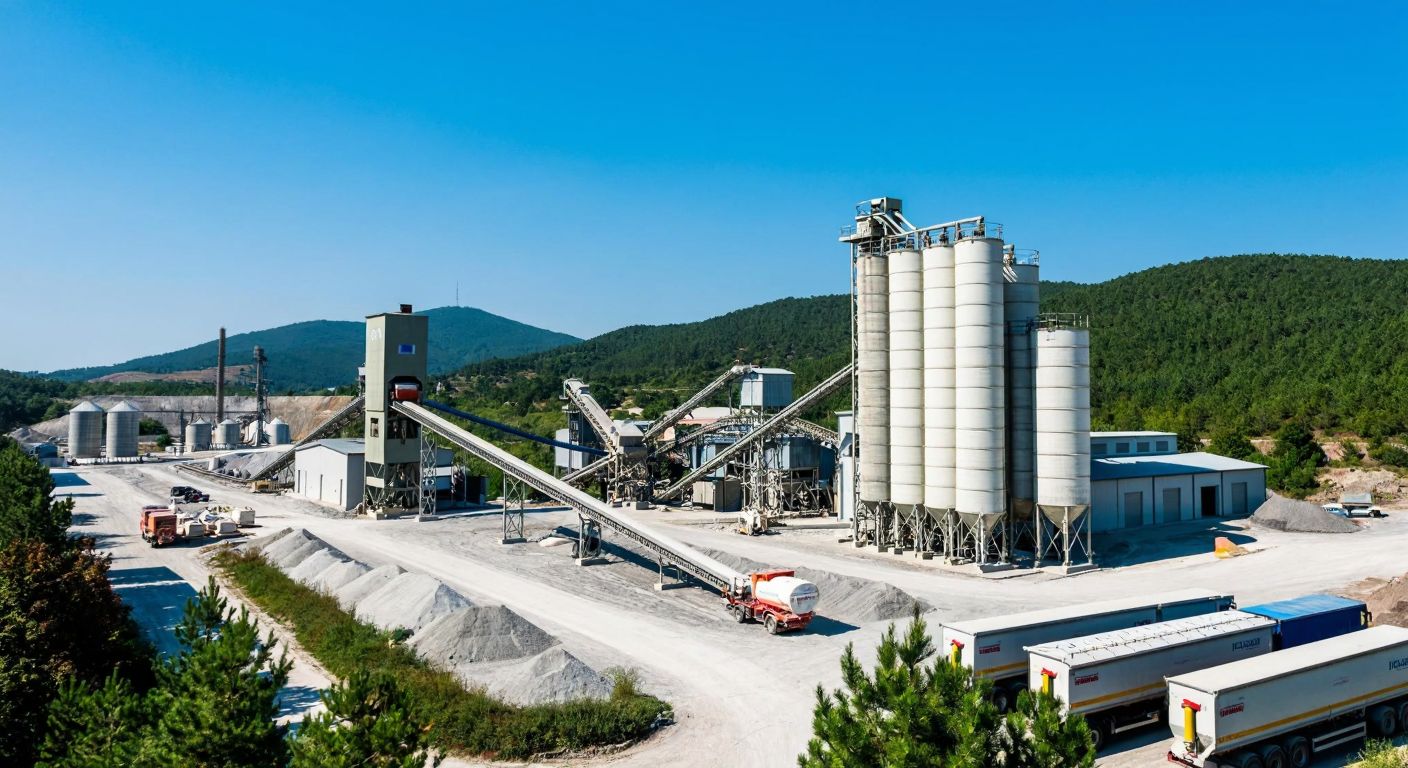 A sprawling cement factory in Bursa with towering silos, conveyor belts, and trucks loaded with cement bags, set against a backdrop of green hills under a clear blue sky.