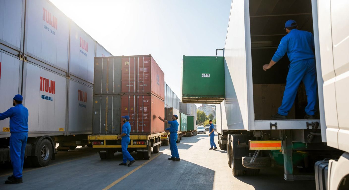 A bustling Turkish warehouse with workers in blue uniforms loading colorful cargo boxes onto a truck under a bright sun.
