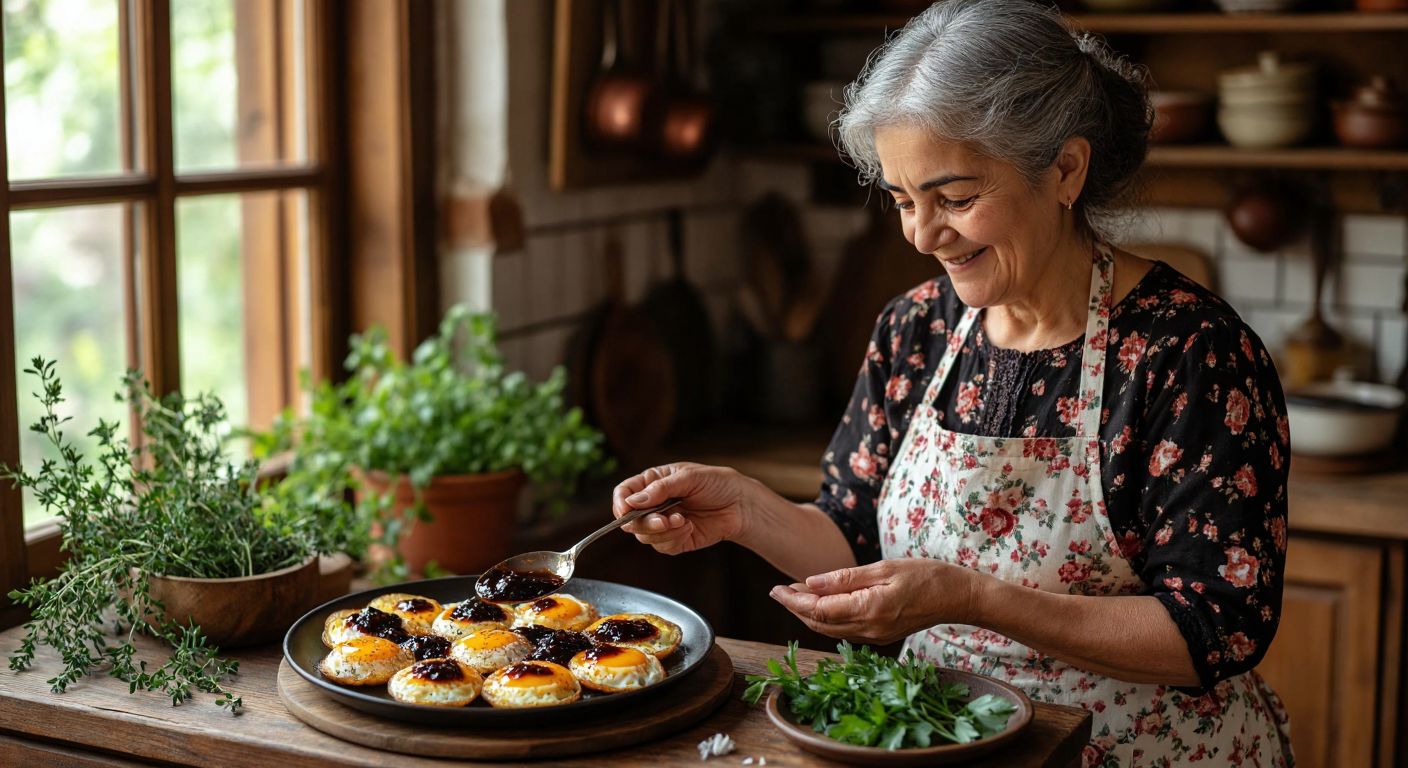 A warm, rustic Turkish kitchen with a wooden table holding a plate of golden-brown fried eggs drizzled with dark, glossy pekmez, surrounded by fresh herbs and a smiling elderly woman in a floral apron offering a spoonful with a nurturing expression.