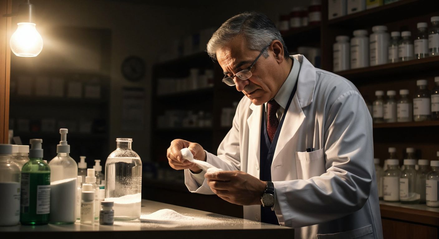 A concerned elderly Turkish pharmacist in a white coat carefully dissolves white powder medication in a glass of water under warm, soft lighting in a small, tidy pharmacy.