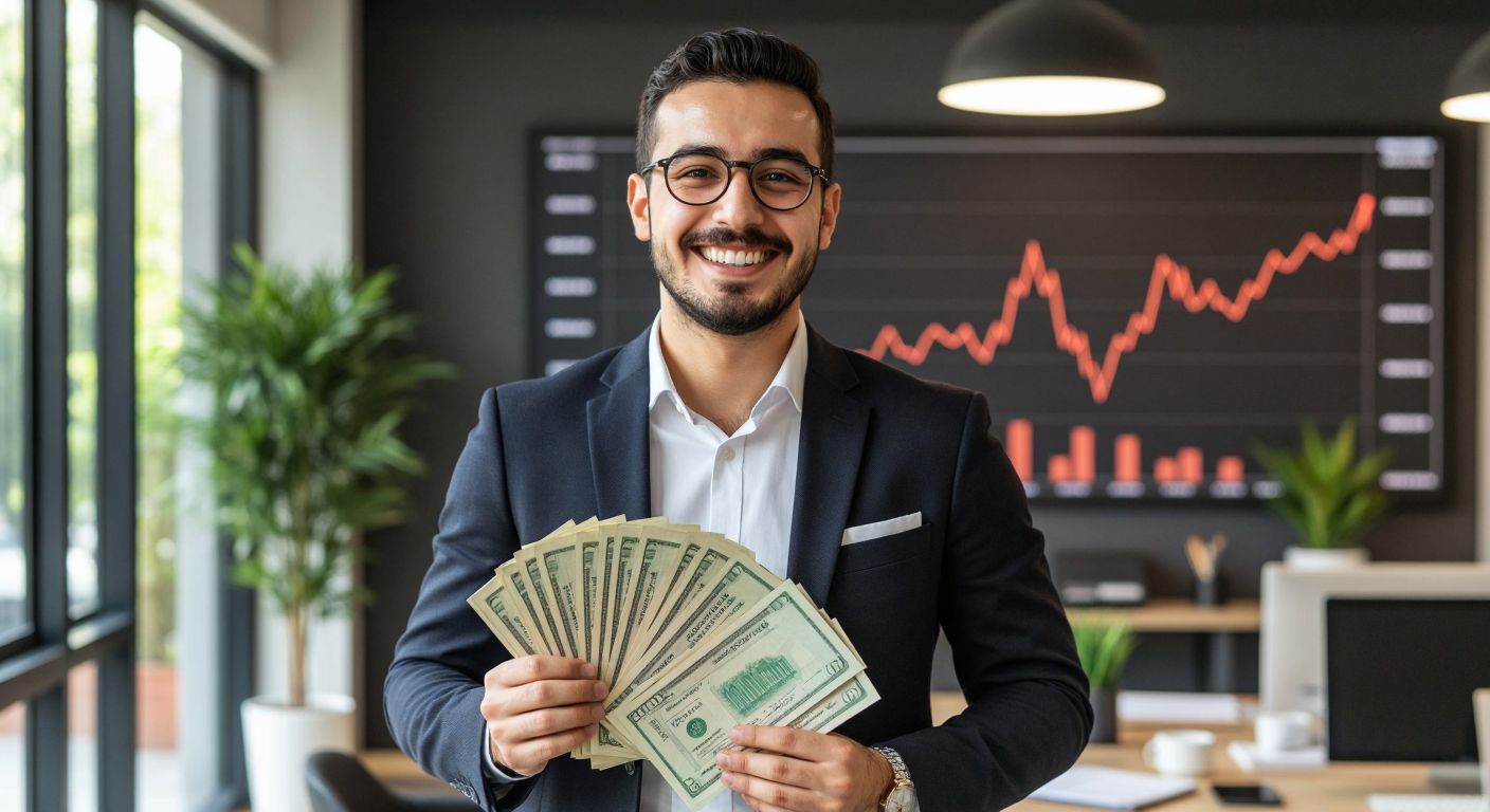 A Turkish investor in a modern office smiles while holding a stack of stock certificates that visually multiply, with a graph in the background showing a sharp upward trend.