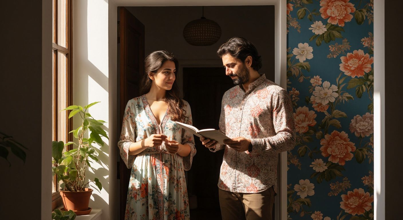 A Turkish couple standing in a sunlit entryway, thoughtfully examining colorful wallpaper samples with floral and geometric patterns against a neutral wall.