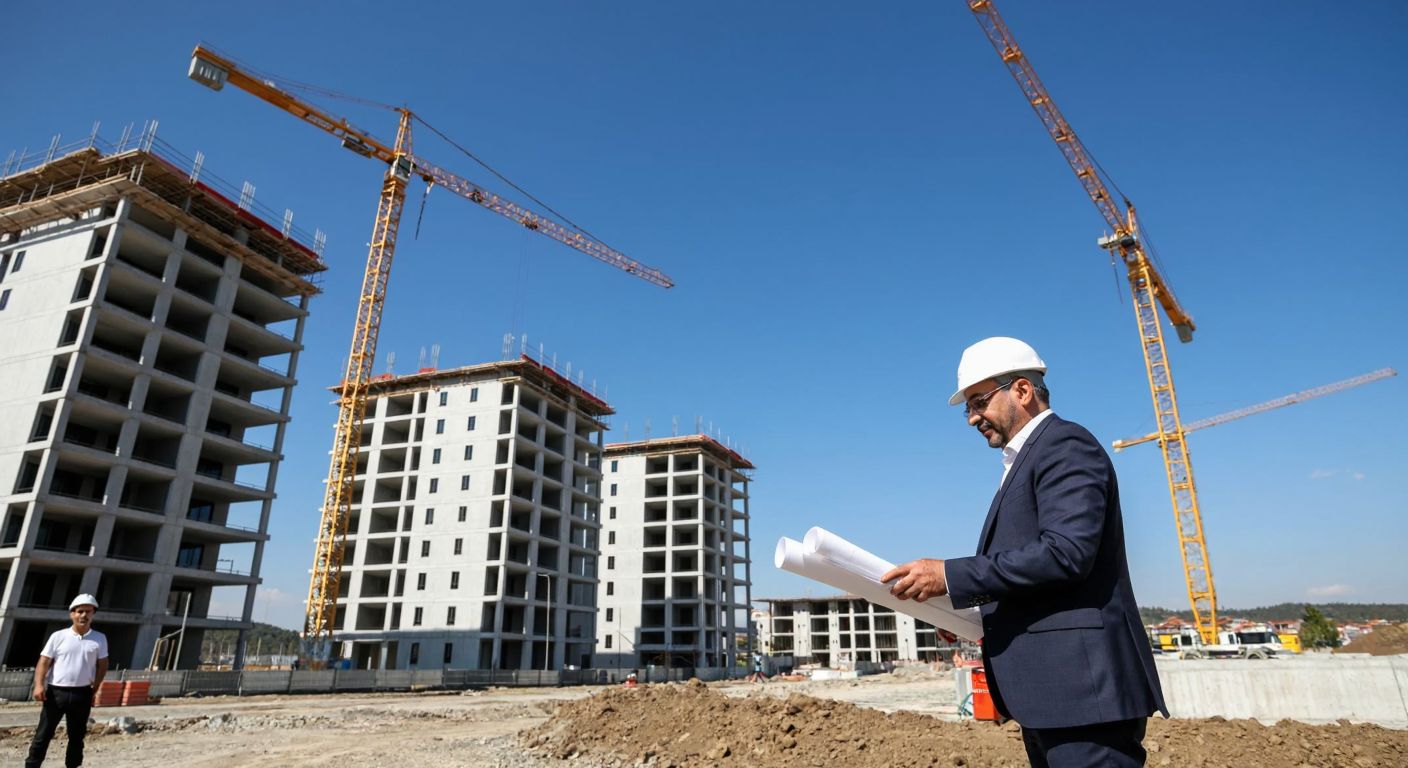 A modern construction site in Istanbul’s Tuzla district, with cranes and half-built high-rise buildings under a clear blue sky, while a middle-aged Turkish businessman in a hardhat reviews blueprints with workers.