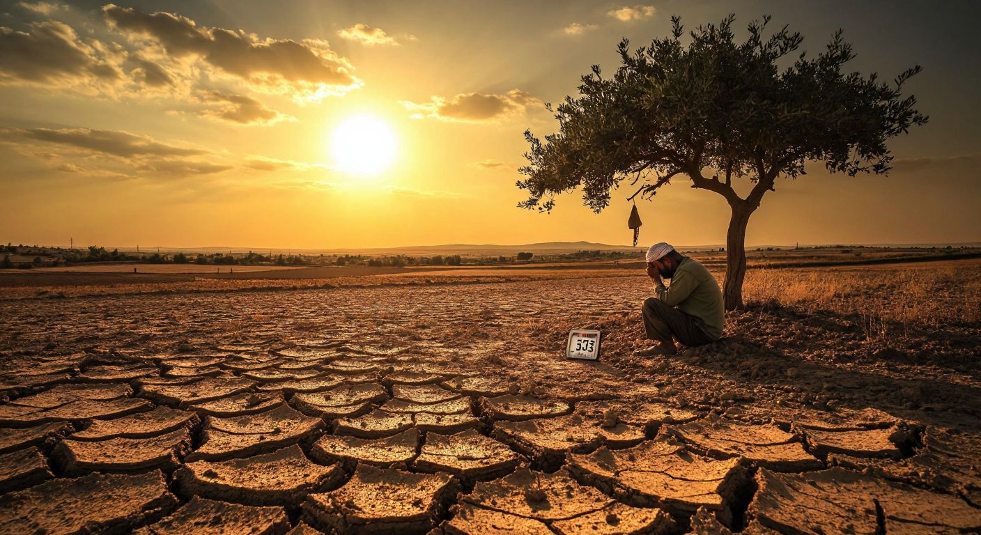 A scorching sun blazes over the arid plains of Şanlıurfa, with cracked earth and a lone thermometer showing 51 degrees, while a weary farmer wipes sweat under the shade of a withered tree.