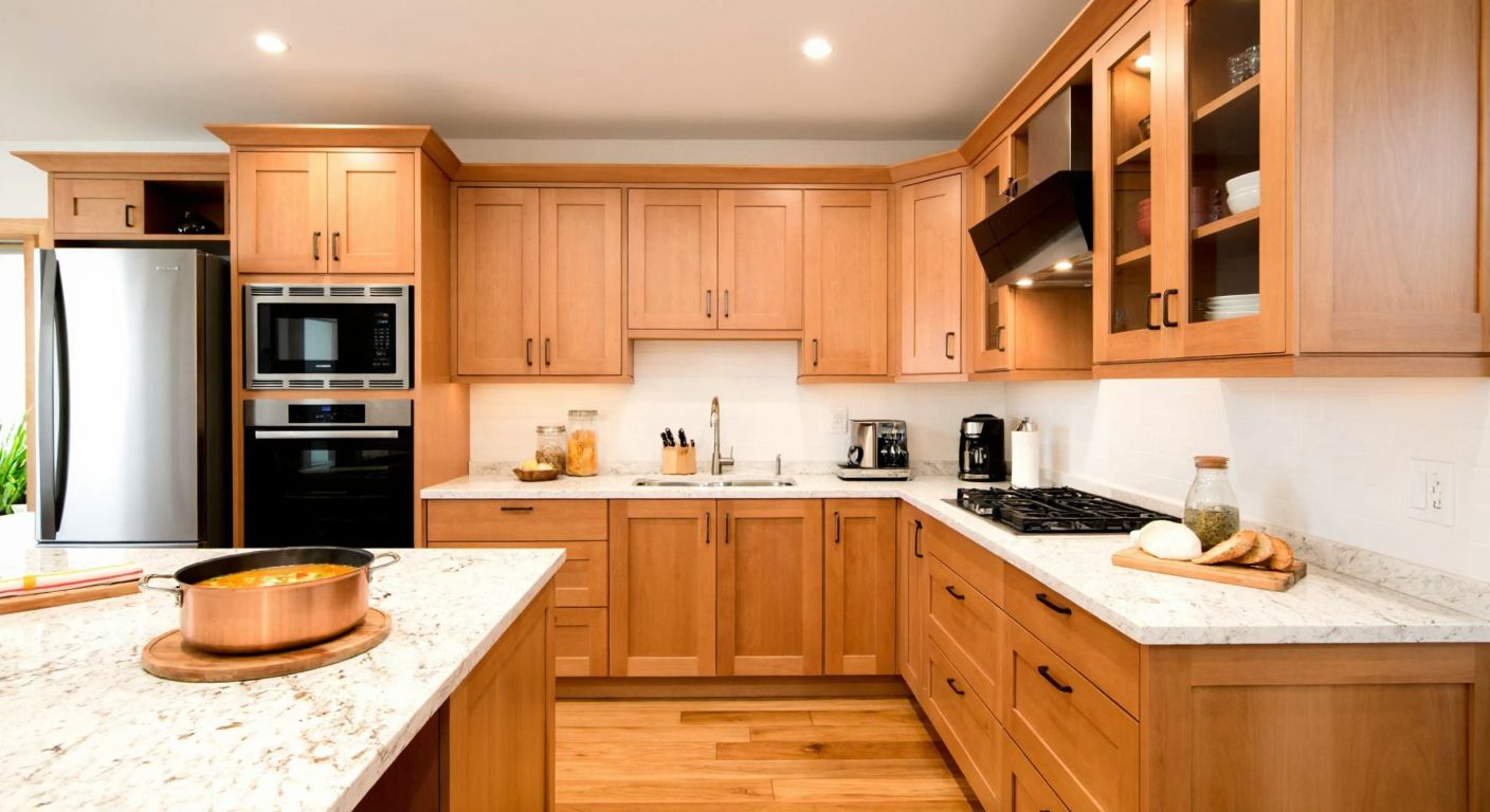 A spacious, well-organized Turkish kitchen with light wooden L-shaped cabinets, a marble countertop holding a simmering pot of çorba, and a neatly arranged fridge and oven in the corner.