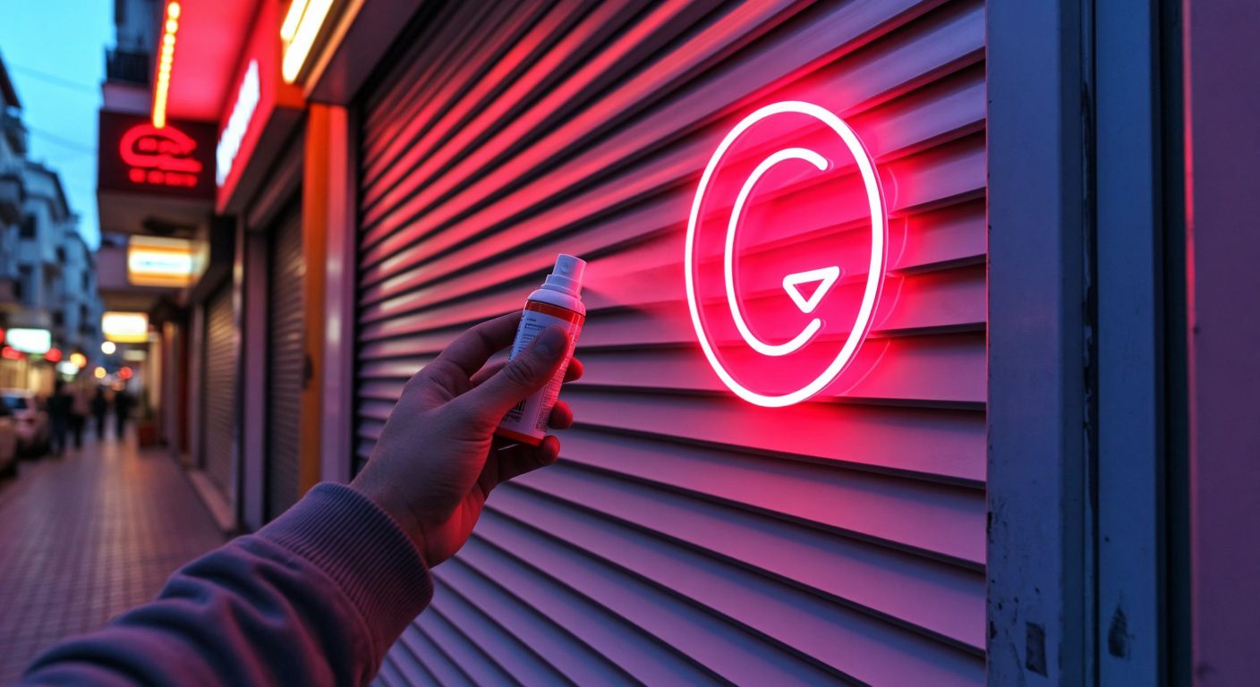 A hand holding a spray adhesive and double-sided tape near a brightly illuminated logo on a rolling shutter in a Turkish street at dusk.