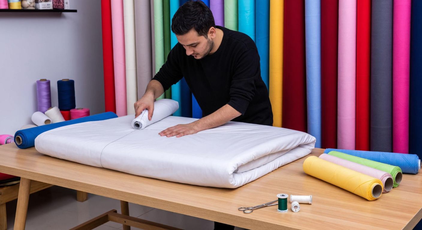 A tailor in a cozy Turkish fabric shop measures a large, unfolded 160x200 cm double bedsheet on a wooden table, surrounded by colorful rolls of fabric and sewing tools.