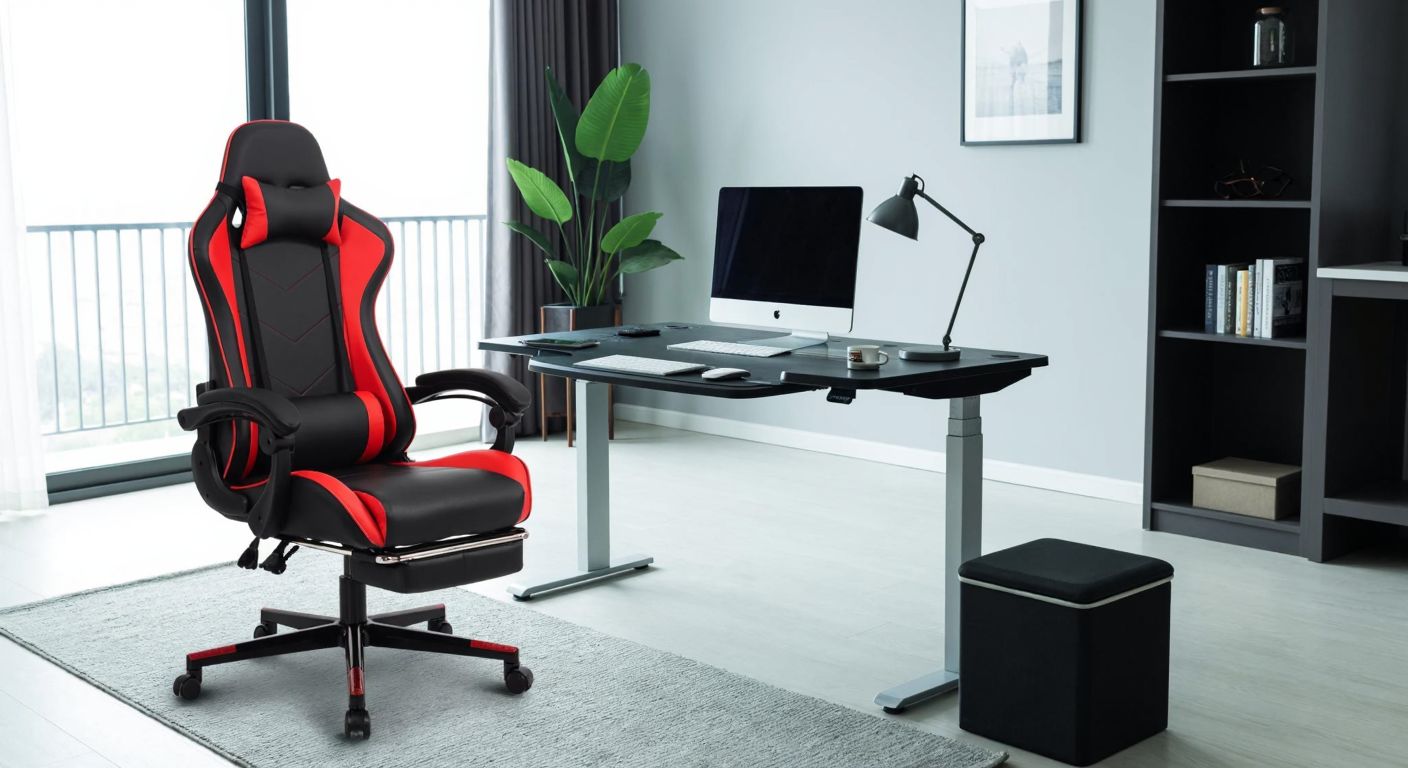 A modern Turkish home office with an ergonomic gaming chair, an adjustable desk, a laptop stand, and a footrest, all designed for comfort and efficiency.