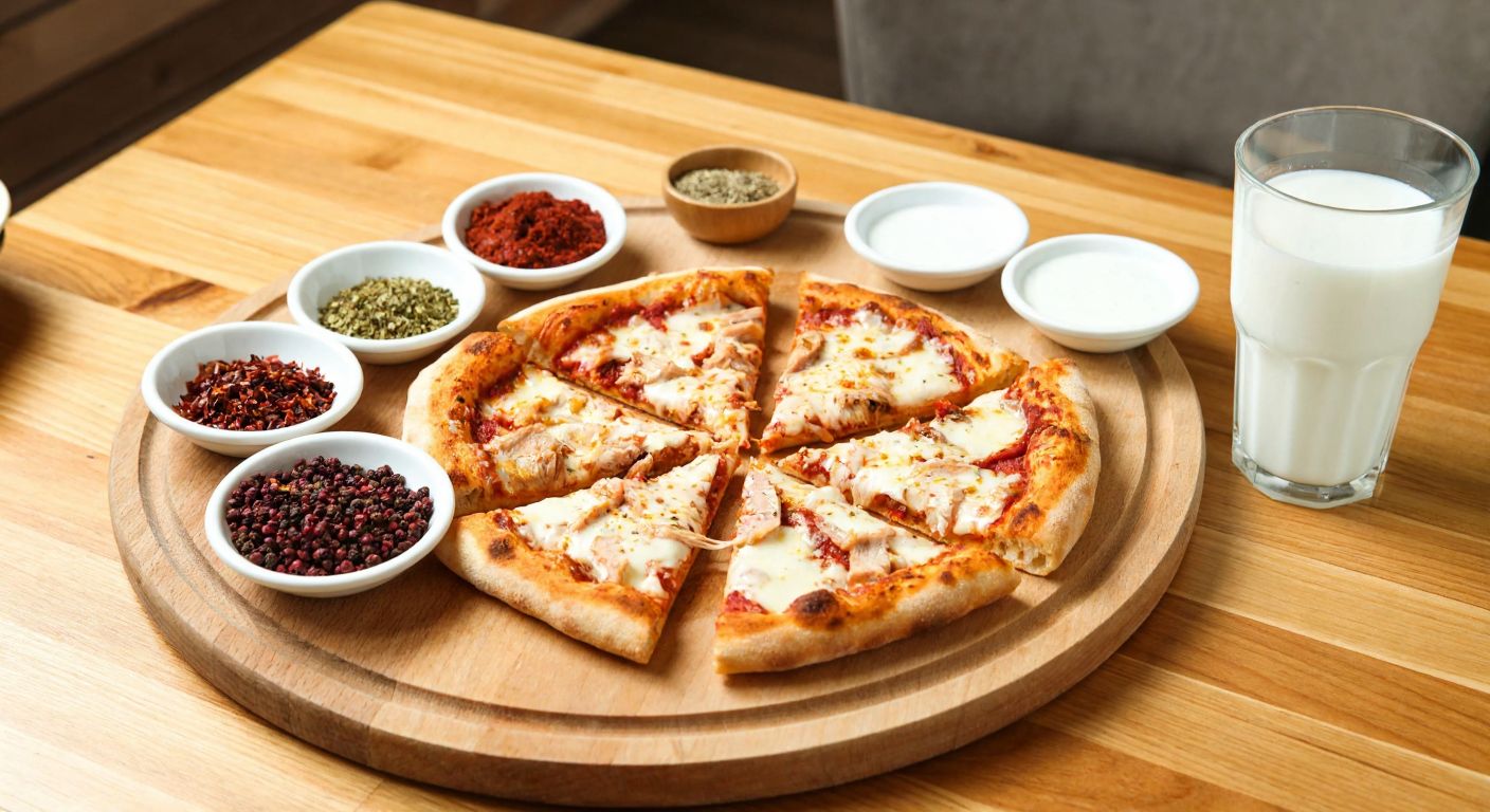 A wooden table in a cozy Turkish pizzeria holds a freshly sliced triangular pizza with melted cheese and toppings, surrounded by small bowls of red pepper flakes, oregano, and garlic sauce, with a cold glass of ayran beside it.