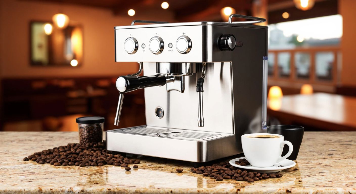A sleek stainless steel espresso machine with polished knobs and steam wand sits on a marble countertop in a warmly lit Turkish café, surrounded by freshly ground coffee beans and a steaming cup of rich espresso.