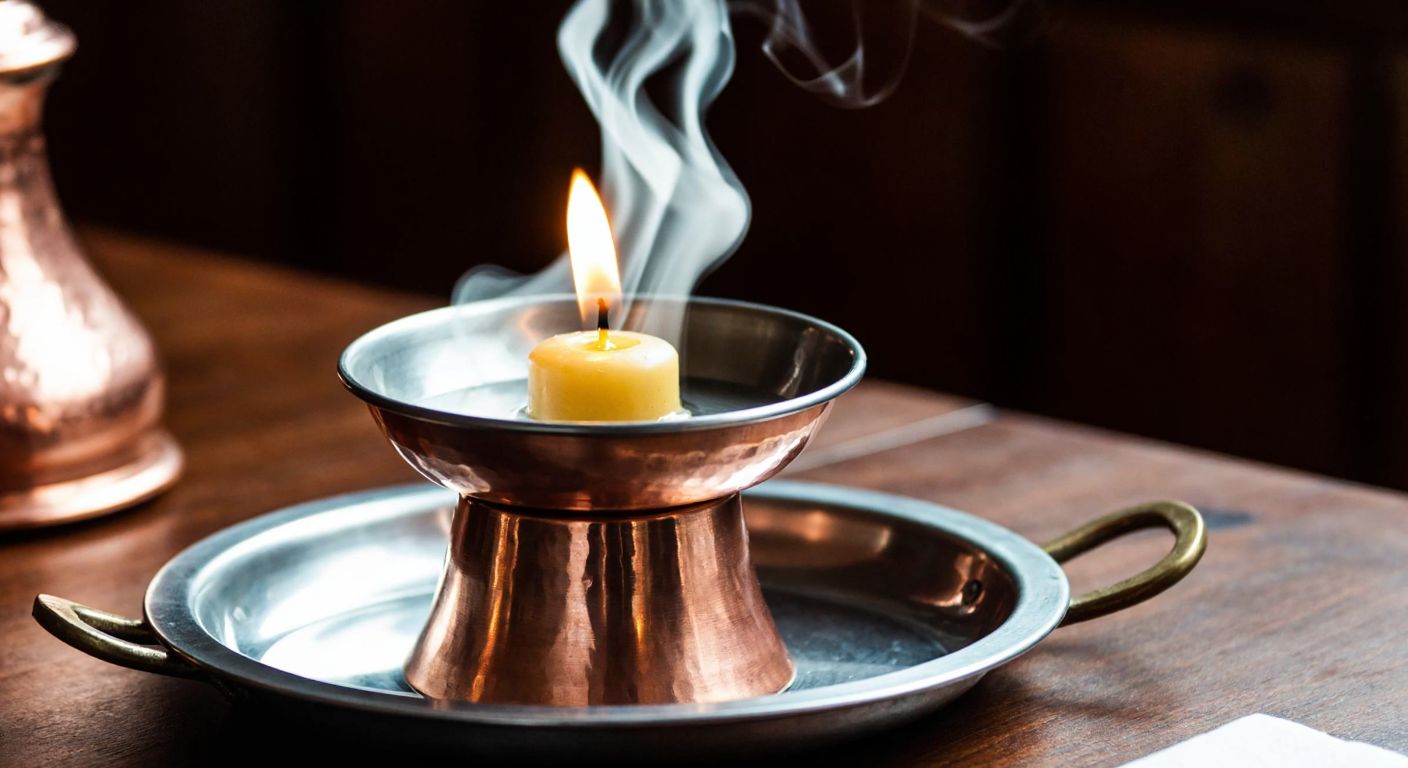 A traditional Turkish incense burner with a polished steel tray holding a flickering tealight candle beneath a copper bowl filled with water and aromatic oils, emitting gentle steam in a cozy, warmly lit room.