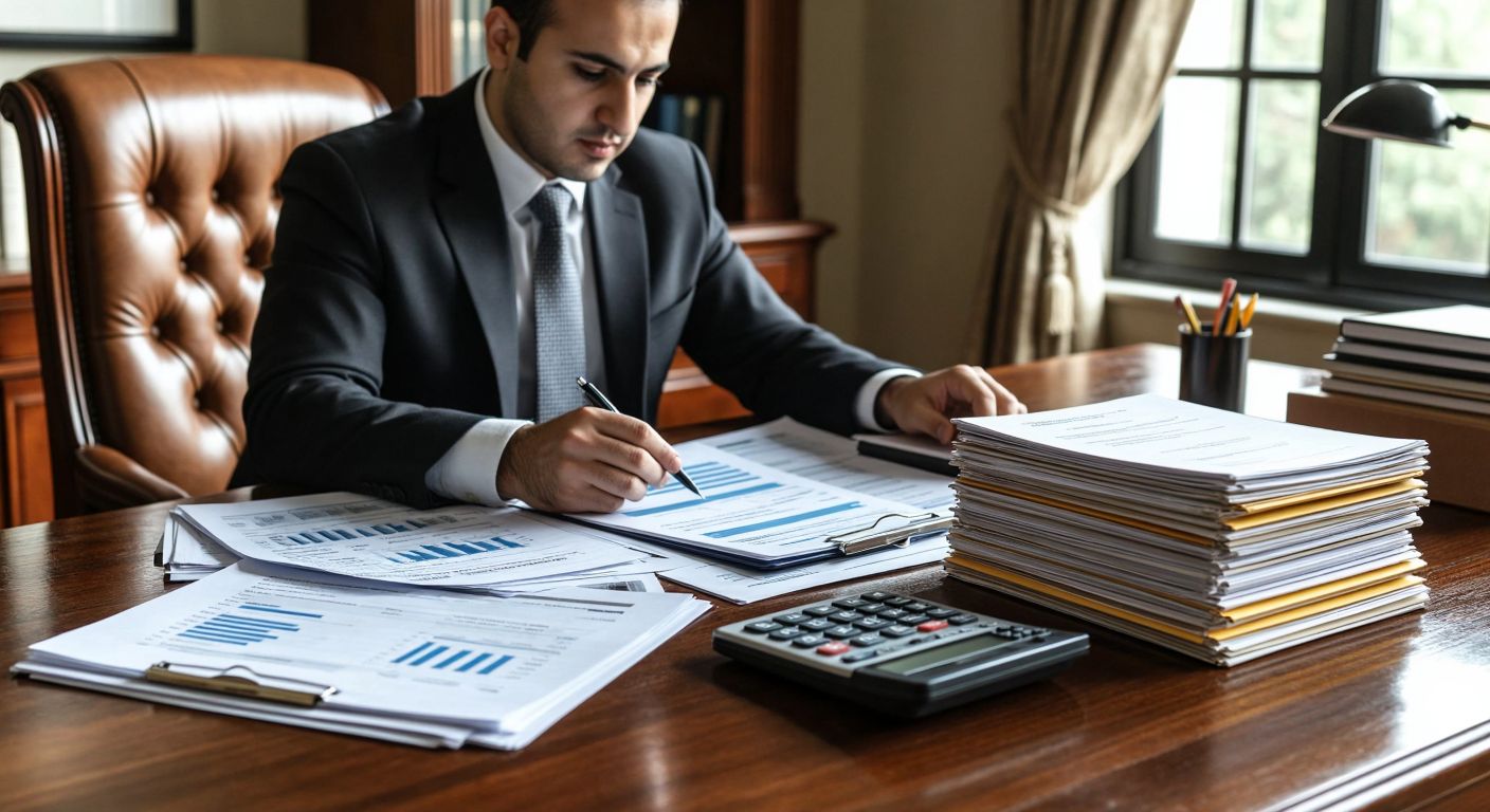 A Turkish accountant in a formal office setting carefully reviews financial documents spread across a wooden desk, with a calculator and ledger nearby, while a stack of labeled folders representing equity items, non-monetary assets, and other accounts sits neatly organized beside them.