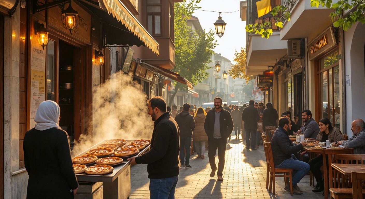 A bustling street in Eskişehir with warm golden light, where a steaming tray of freshly baked pide is carried out of a cozy restaurant with a wooden facade, surrounded by eager locals chatting and smiling.