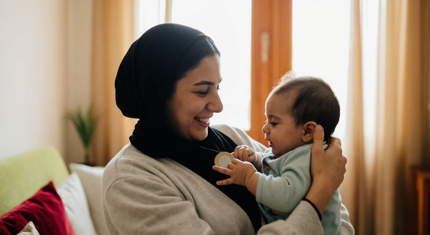 A young Turkish mother in a cozy home cradles her baby while holding a single coin, with a warm expression of reassurance.
