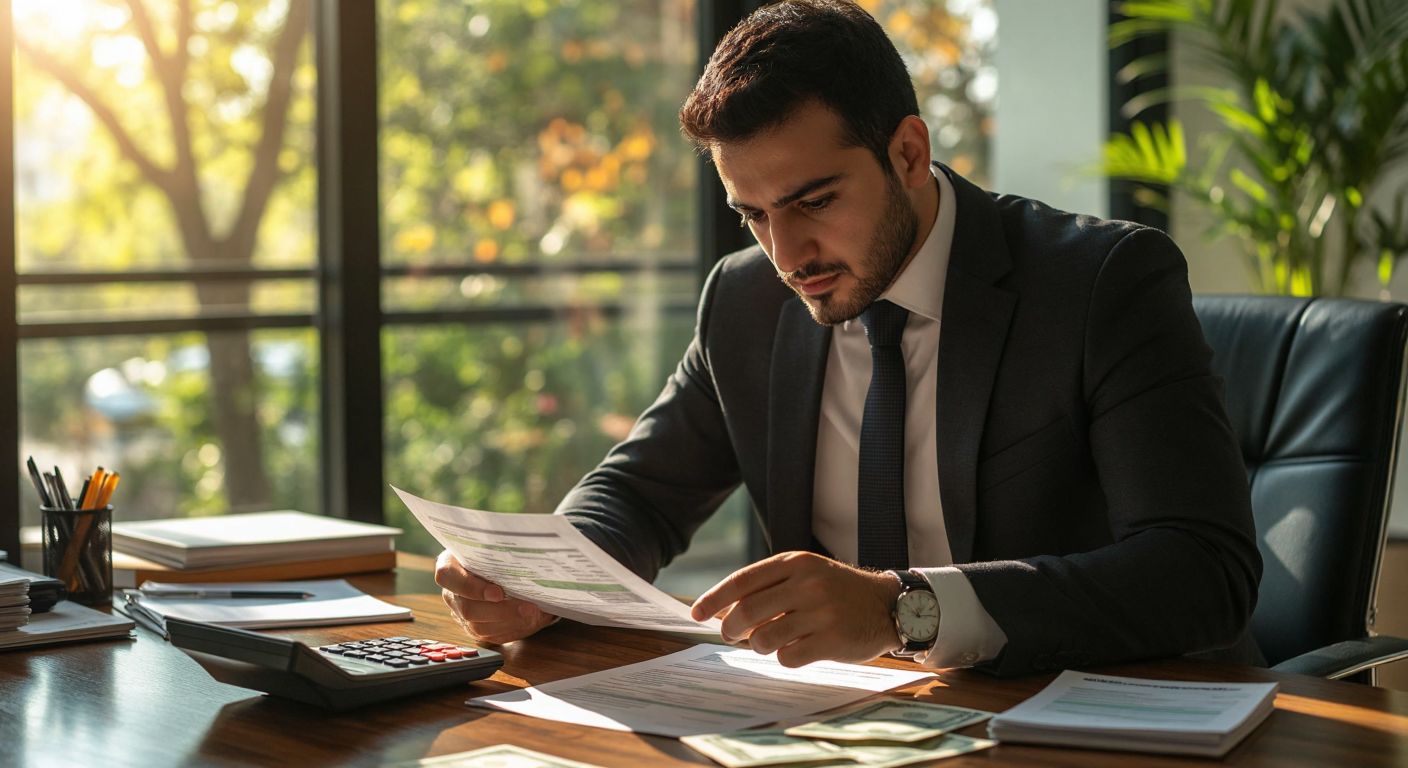 A focused Turkish businessman in a modern office setting carefully reviews a printed financial document with a calculator and a small stack of lira banknotes on his wooden desk, while sunlight streams through the window behind him.