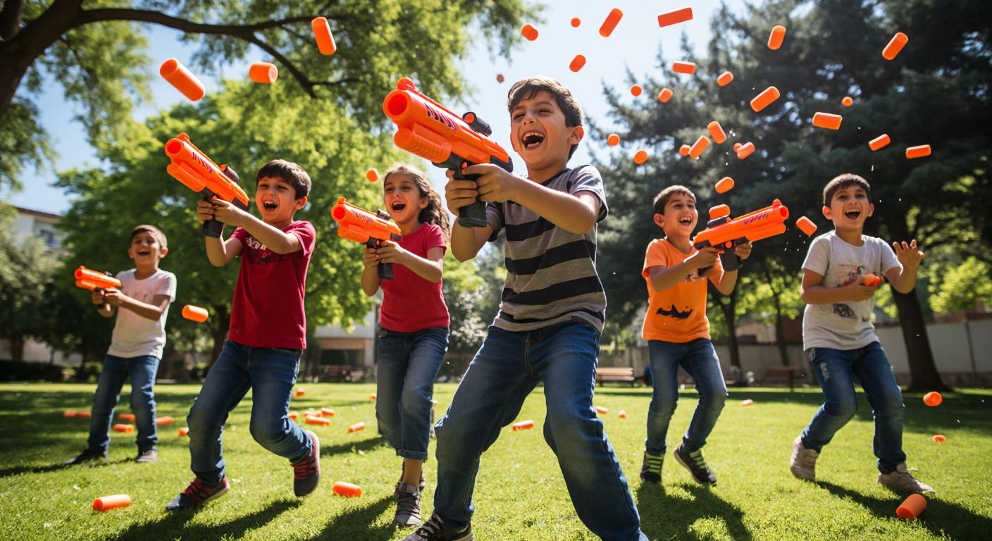 A group of Turkish children, aged around 8-12, excitedly playing with Nerf blasters in a sunny park, laughing as foam darts fly through the air.