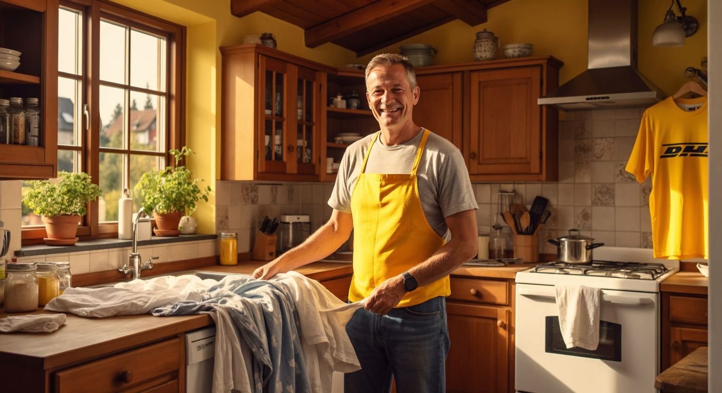 A middle-aged man in casual home attire stands in a cozy German-style kitchen, smiling warmly while folding laundry, with a Deutsche Post DHL uniform hanging in the background.