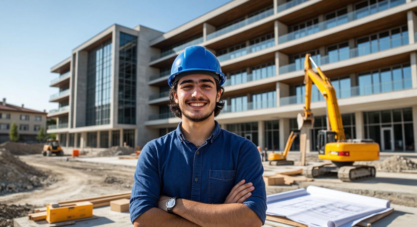 A young Turkish student in a blue hardhat smiles proudly while standing in front of a modern university building with construction tools and blueprints at their feet.
