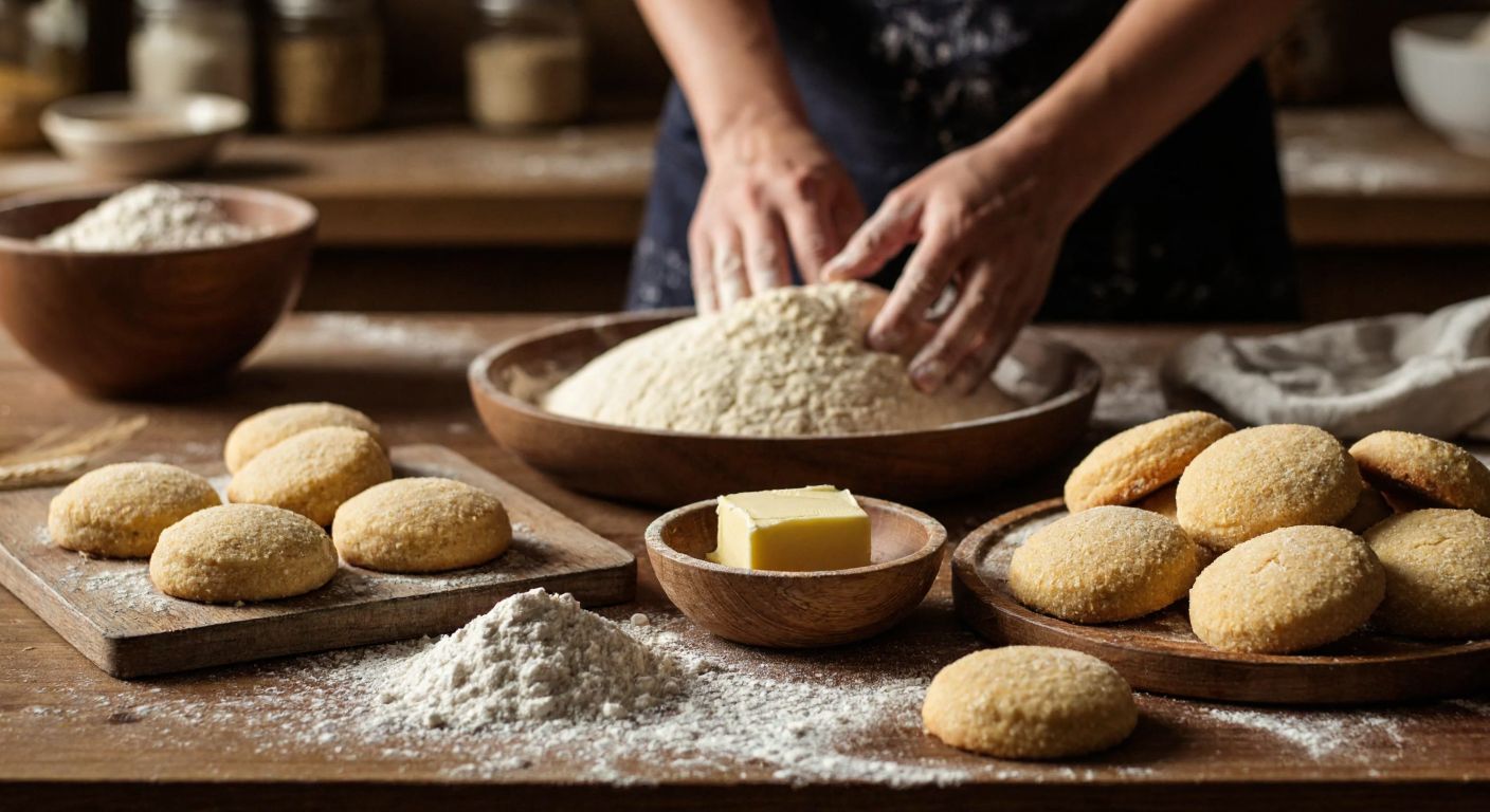 A warm Turkish kitchen with a wooden countertop scattered with whole wheat flour, a bowl of softened butter, and a tray of golden-brown cookies, while a pair of hands gently kneads dough in the background.