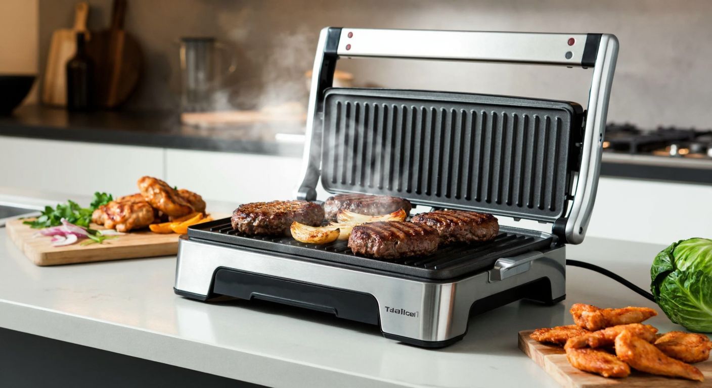 A sleek silver Tefal OptiGrill+ sits on a kitchen counter, its grill plates sizzling with juicy hamburgers and golden-brown chicken, while steam rises and a warm glow reflects off its polished surface.