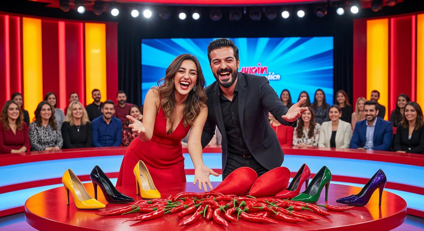 A lively Turkish game show set with colorful props like high-heeled shoes and chili peppers scattered on a table, while a smiling couple engages playfully in front of a studio audience.