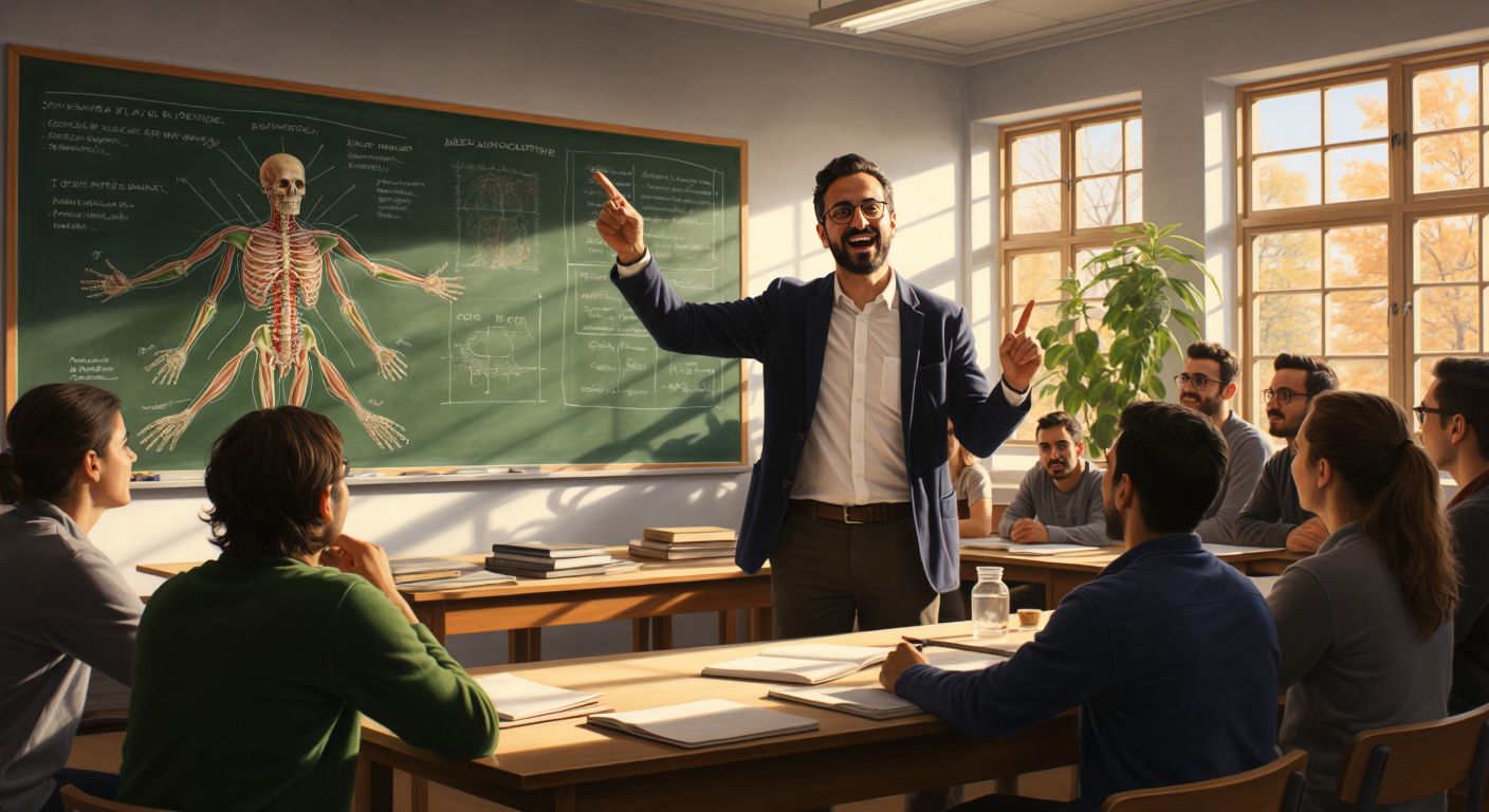 A Turkish professor in a sunlit university classroom gestures enthusiastically while pointing at a large anatomical diagram of a plant and a chalkboard filled with linguistic word structures, surrounded by attentive students.