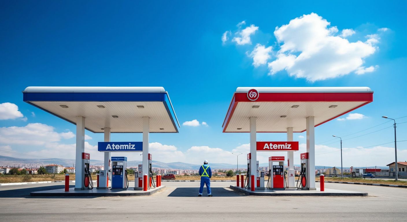 Two modern gas stations stand side by side under a bright Turkish sky—one with Aytemiz's blue and white branding, the other with Opet's red and white colors—while a worker in a clean uniform checks a fuel pump.