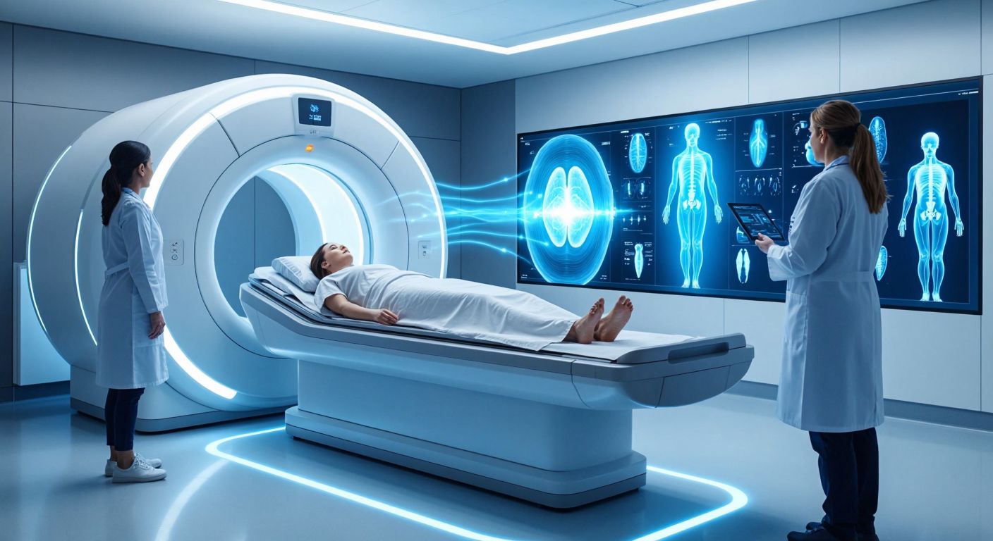 A sleek, cylindrical MRI machine with a patient lying inside, surrounded by glowing blue magnetic field lines and faint radio wave pulses, while a doctor in a white coat observes detailed anatomical images forming on a nearby monitor.  

*(Note: The monitor is implied but not visually labeled or displaying text, adhering to constraints.)*