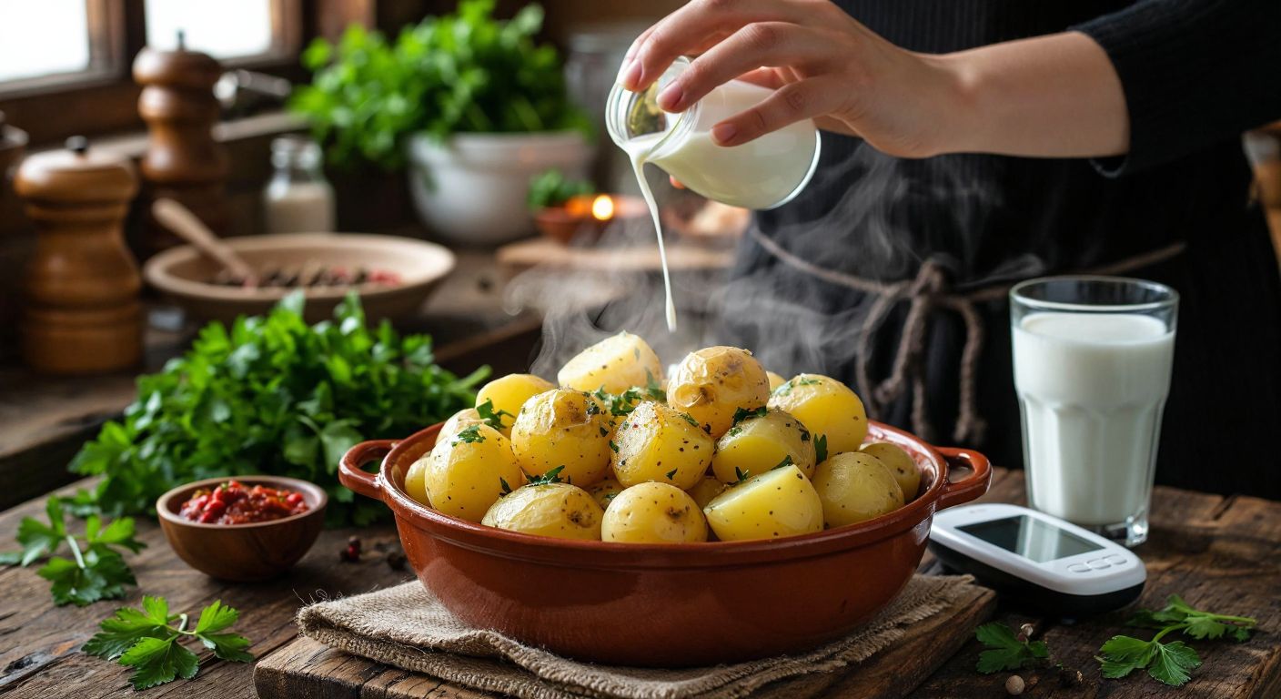 A steaming bowl of boiled potatoes sits on a rustic wooden table in a Turkish kitchen, surrounded by fresh herbs and a glass of ayran, with a concerned hand hovering over a blood sugar monitor nearby.