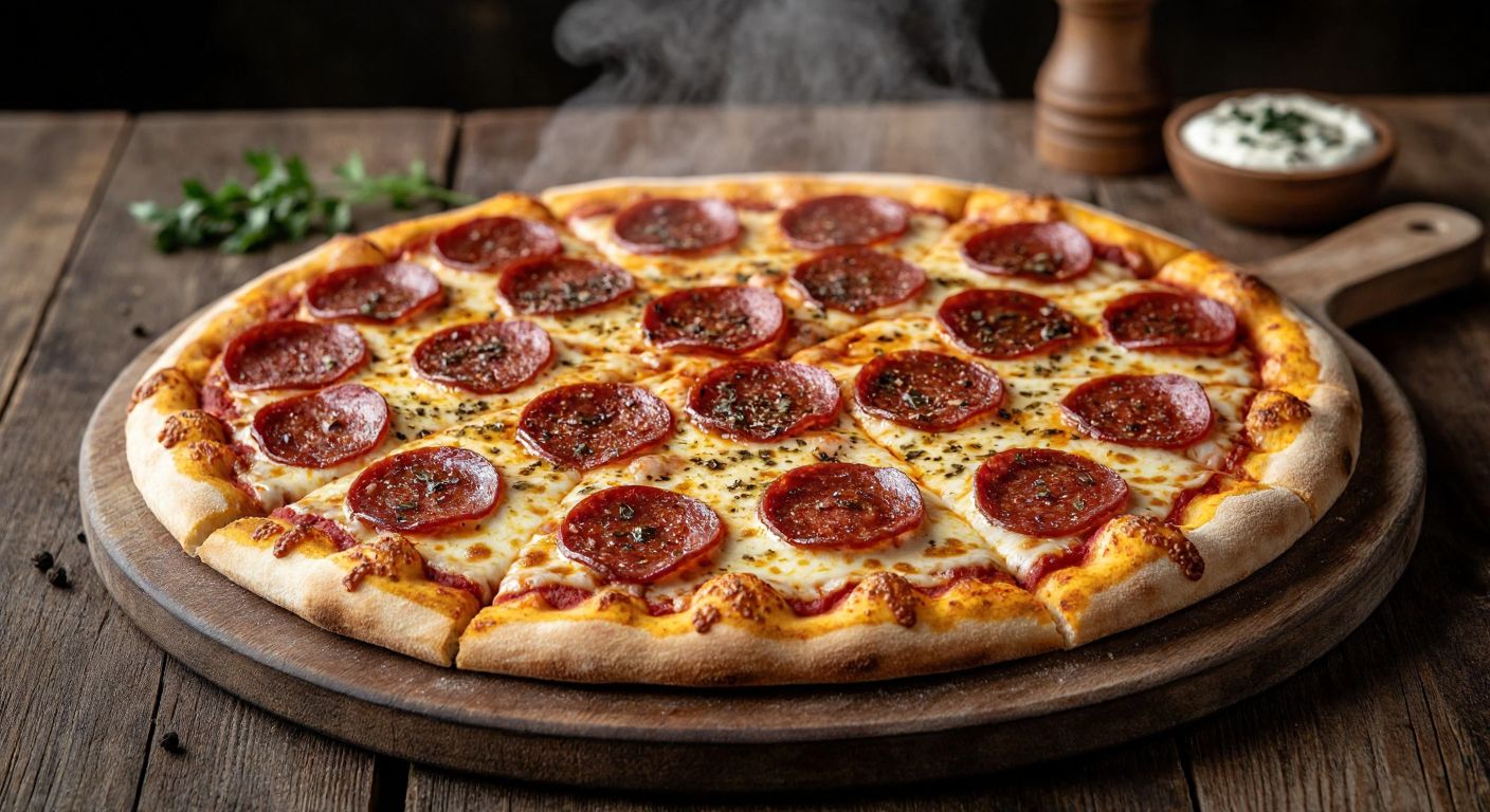 A steaming, golden-brown pizza topped with slices of spicy sucuk, melted mozzarella cheese, and drizzled with garlic sauce, placed on a rustic wooden table in a cozy Turkish pizzeria.