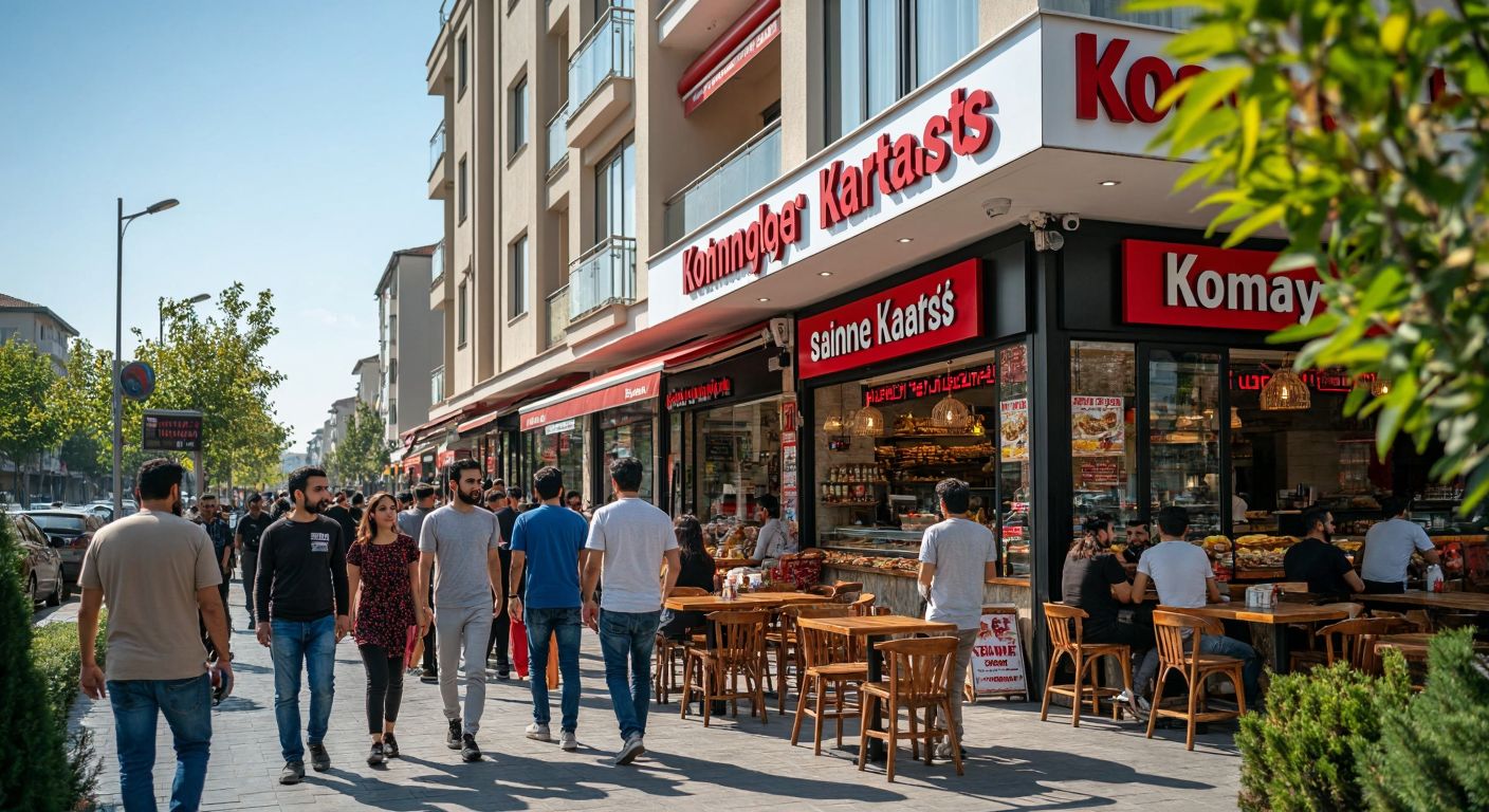 A bustling street in Gaziantep with a modern building labeled "Komagene Şahinbey Karataş," surrounded by locals in casual attire and the aroma of kebabs wafting from nearby eateries.  

*(Note: The description avoids text by implying the label through context and focuses on Turkish cultural elements like Gaziantep's setting and local cuisine.)*