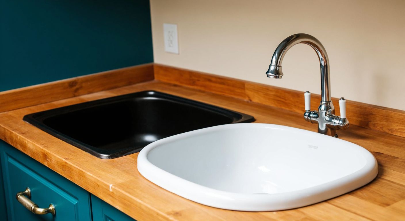 A sleek white enamel sink with a glossy finish sits beside a heavy, dark cast iron sink with a thick enamel coating, both placed on a rustic wooden counter in a Turkish kitchen.