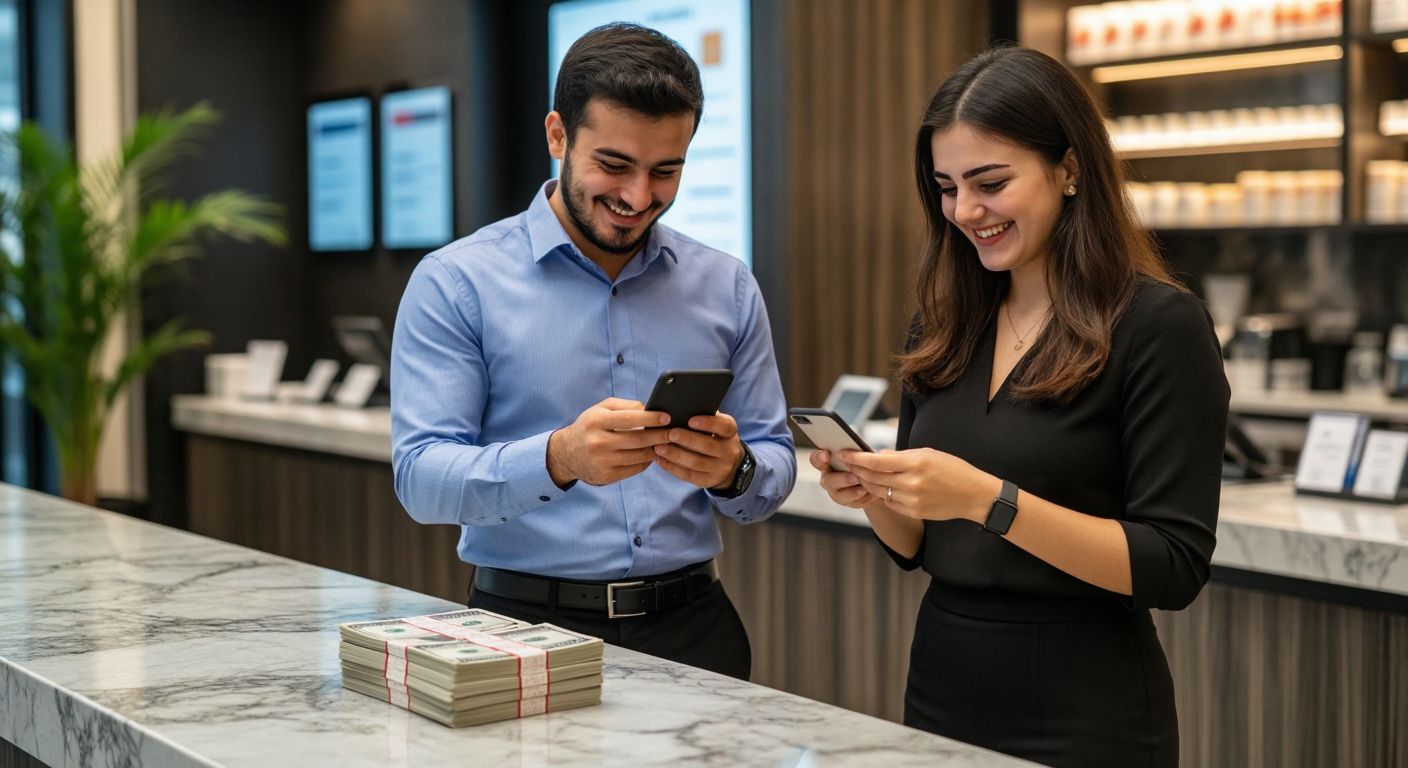 A Turkish bank employee in a formal blue shirt and black trousers smiles reassuringly while holding a smartphone displaying a digital transaction, with a customer in casual attire looking relieved as a stack of lira bills appears on a marble counter between them.