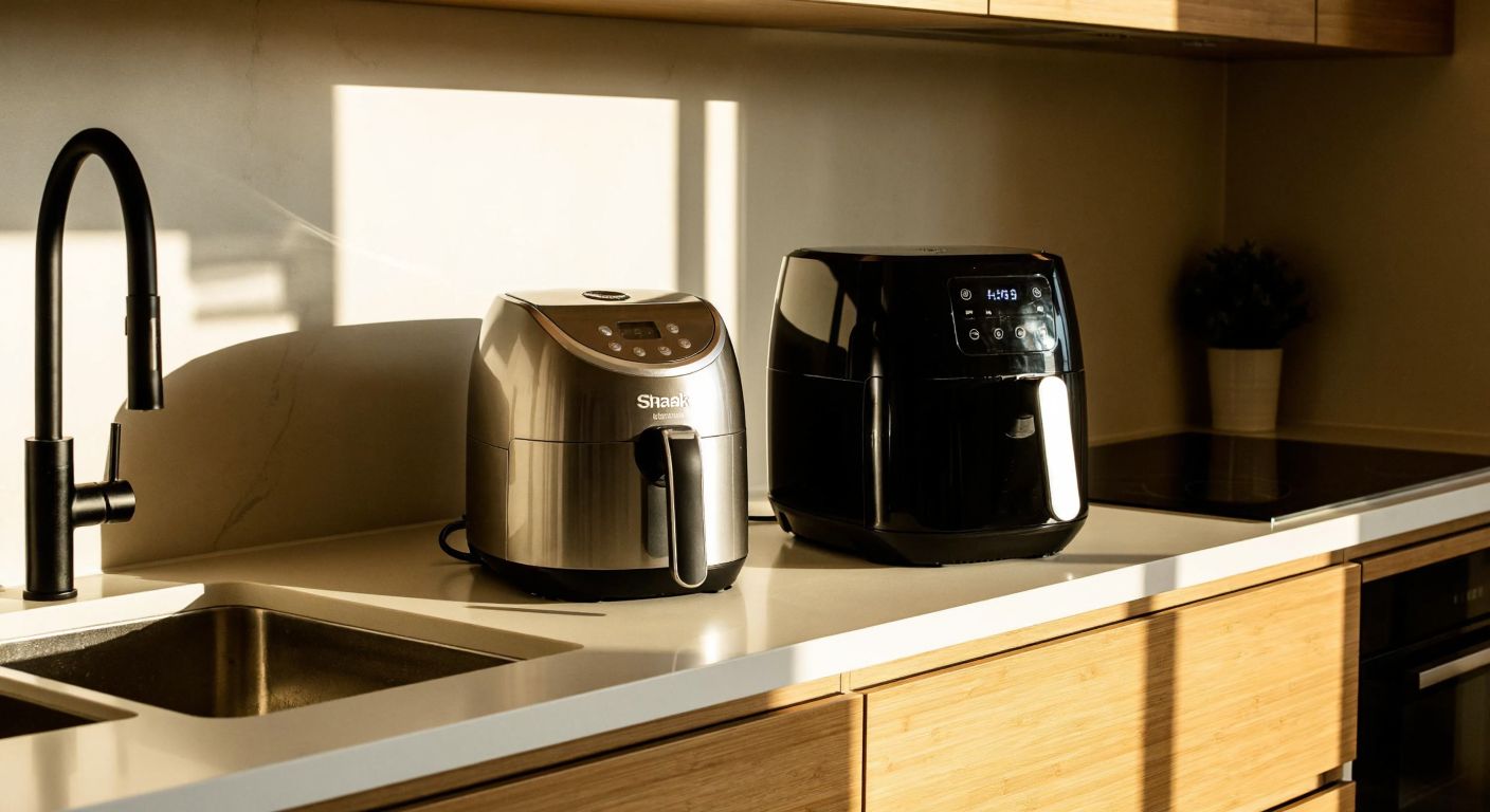 A sleek silver vacuum cleaner (Shark) and a glossy black air fryer (Ninja) sit side by side on a modern kitchen counter in Turkey, bathed in warm sunlight.
