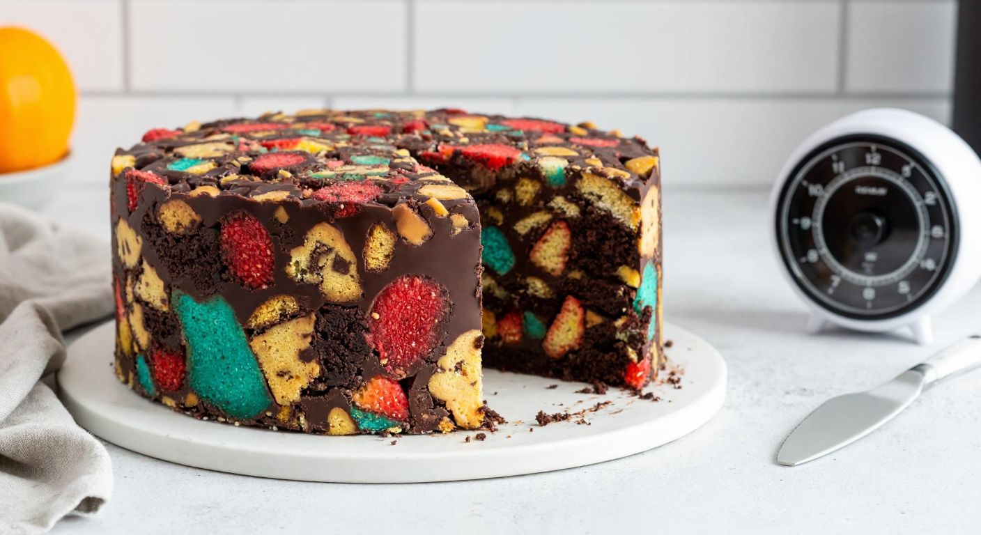 A colorful, layered mozaik cake with crushed biscuits and chocolate, sitting inside a frost-covered deep freezer, with a kitchen timer set to 3 hours nearby.