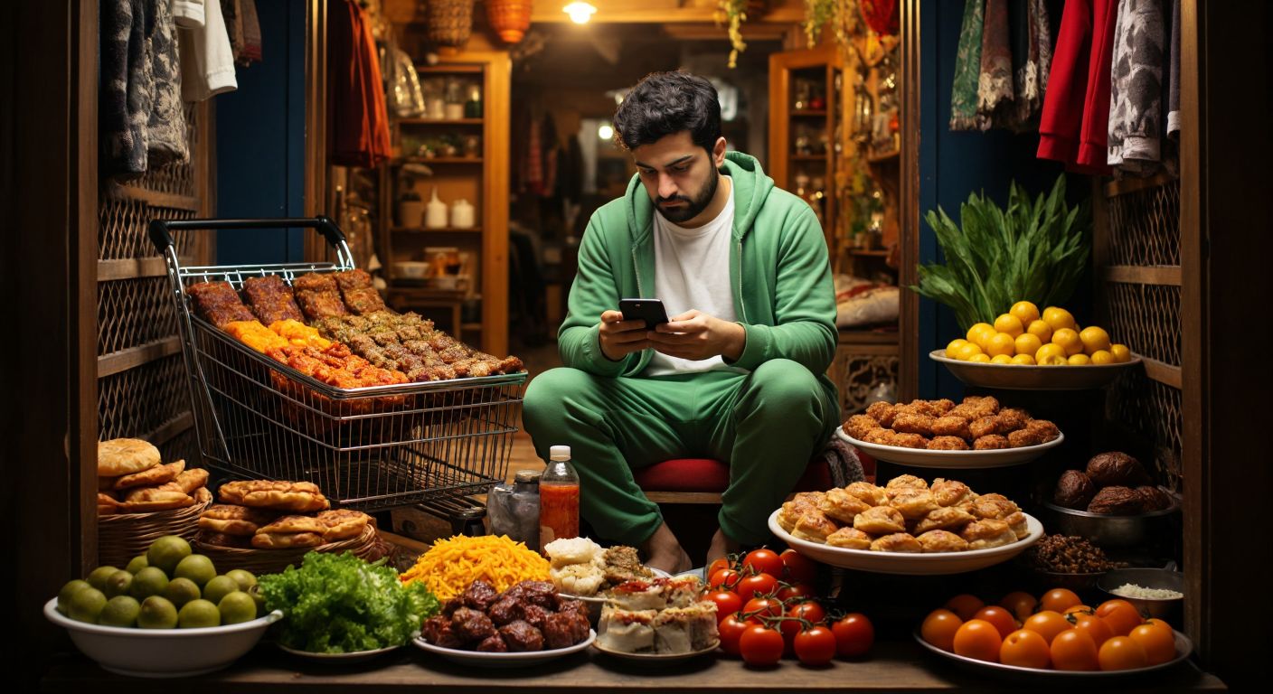 A person in a cozy Turkish home frowns at a smartphone screen while surrounded by a half-filled shopping cart of colorful local dishes like kebabs and baklava.
