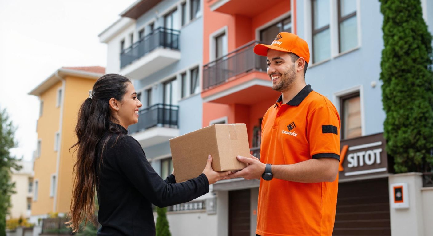 A cheerful delivery driver in a bright orange Trendyol Express uniform hands a package to a smiling customer outside a colorful Turkish apartment building.