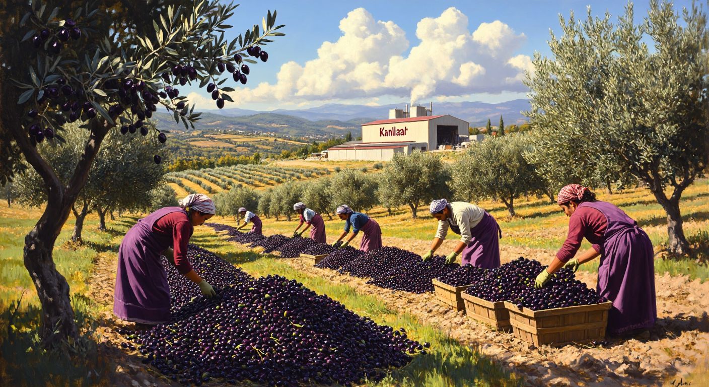 A sunlit olive grove in Manisa Akhisar, with workers in traditional Turkish harvest attire carefully picking dark, glossy Gemlik olives, while a rustic factory with "Kaanlar" branding (implied but not shown as text) stands proudly in the background.  

*(Note: Brand name is contextually implied through visual storytelling—no actual text or labels are depicted.)*
