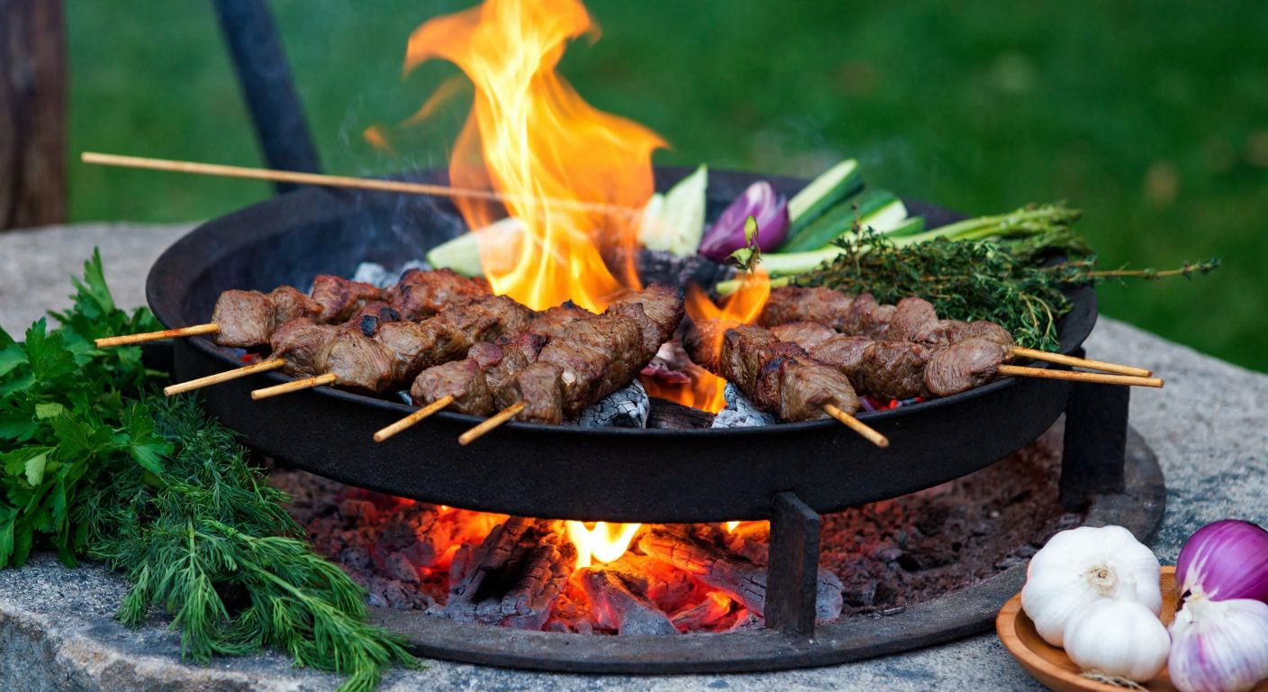 A rustic outdoor fire pit with skewers of marinated meat slowly roasting over glowing embers, surrounded by fresh herbs and vegetables, evoking the smoky aroma of traditional Turkish Orman Kebap.