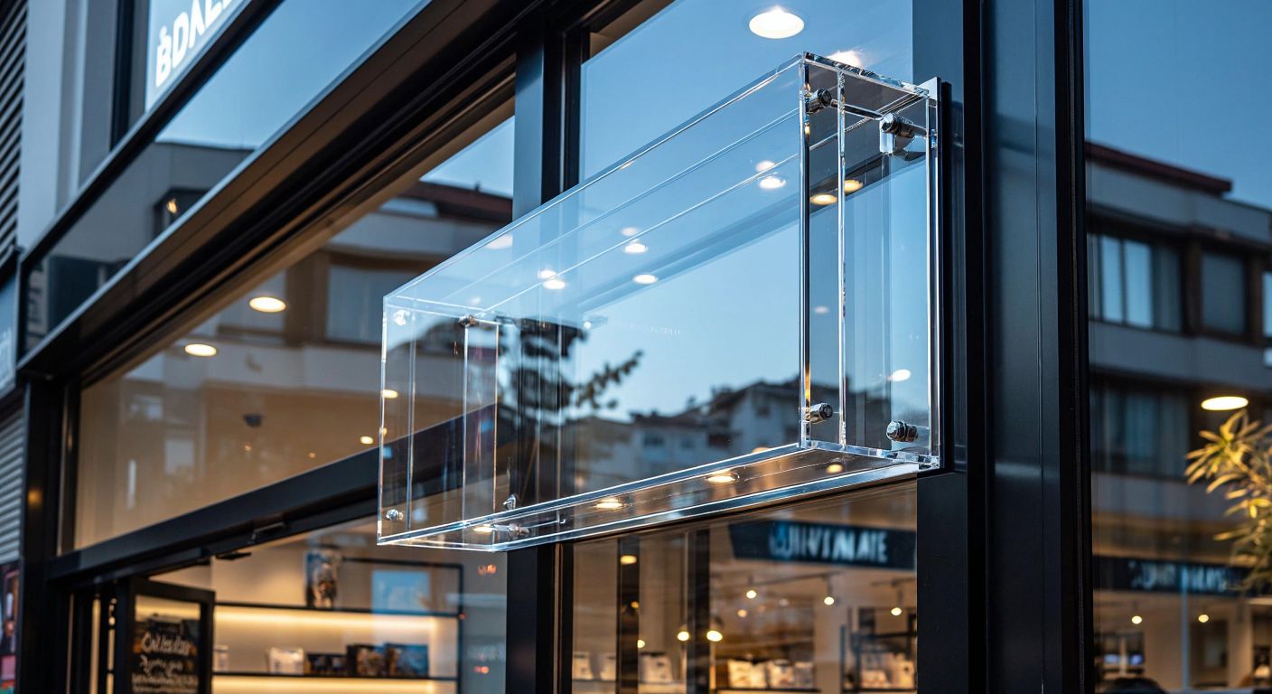 A sleek, transparent acrylic signboard with a polished surface, mounted on a modern storefront in a bustling Turkish street, reflecting sunlight and subtly illuminating with embedded LED lights.
