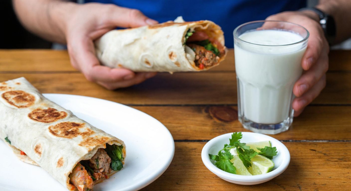 A person in Turkey carefully holding a half-eaten Adana dürüm with a small portion of yogurt and a glass of ayran on a rustic wooden table, looking satisfied yet mindful.