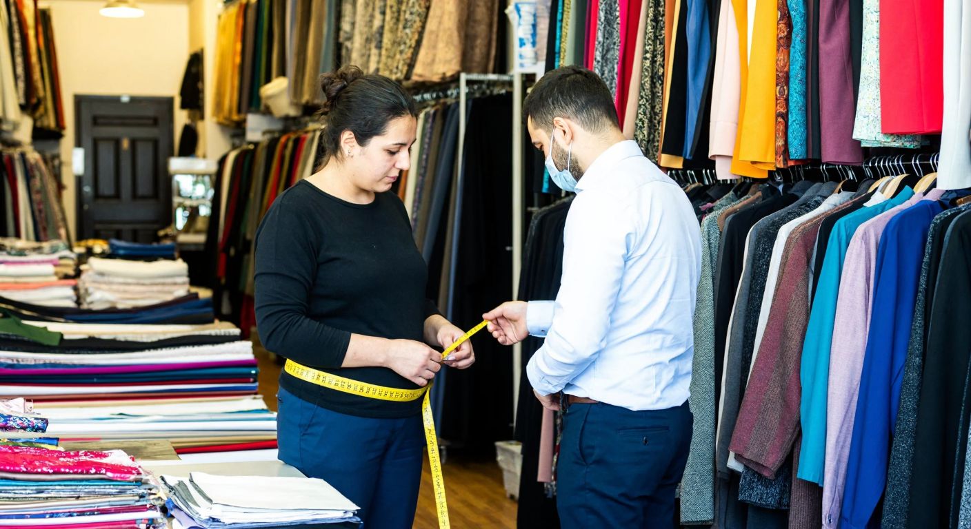 A tailor in a bustling Istanbul fabric shop measures a customer's waist with a yellow tape while colorful clothing racks and folded fabrics fill the background.