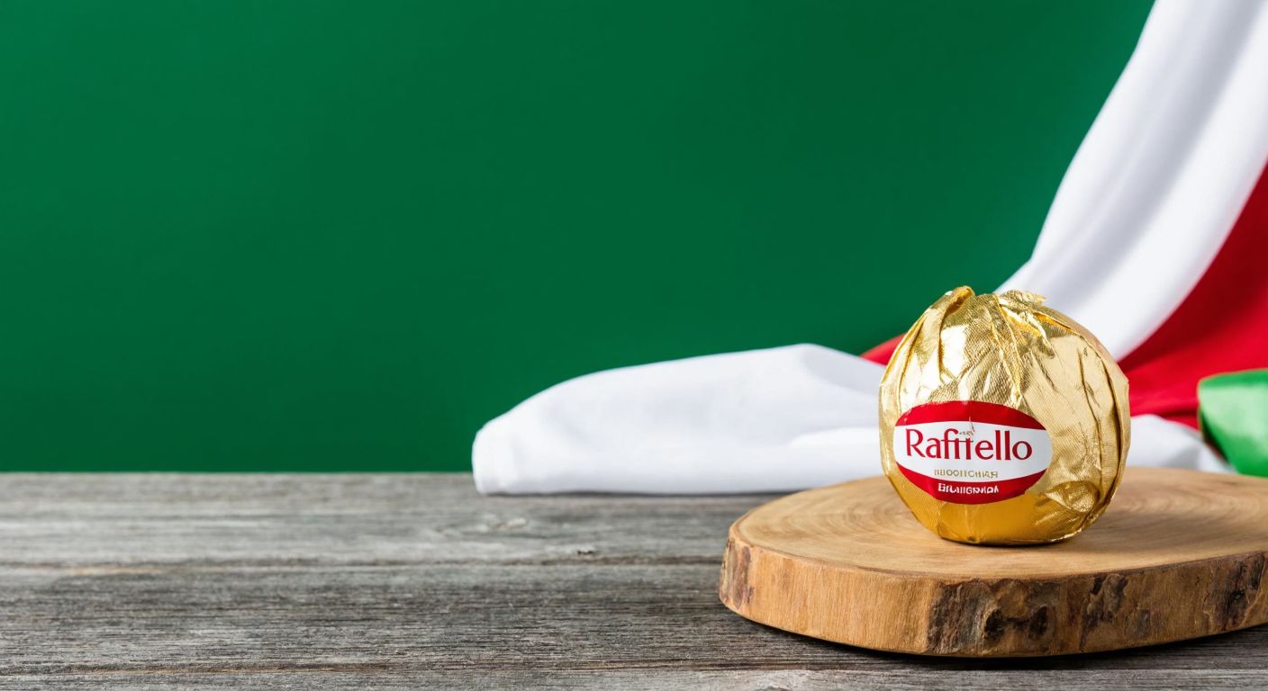 A golden-wrapped Raffaello candy sits atop a rustic wooden table with an Italian flag draped in the background, evoking a sense of Mediterranean elegance.