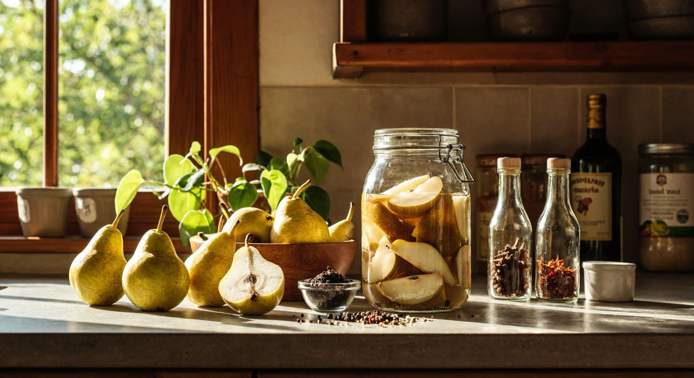 A rustic Turkish kitchen counter with fresh pears, vinegar bottles, and spices neatly arranged beside a glass jar filled with sliced pears and brine, bathed in warm sunlight.