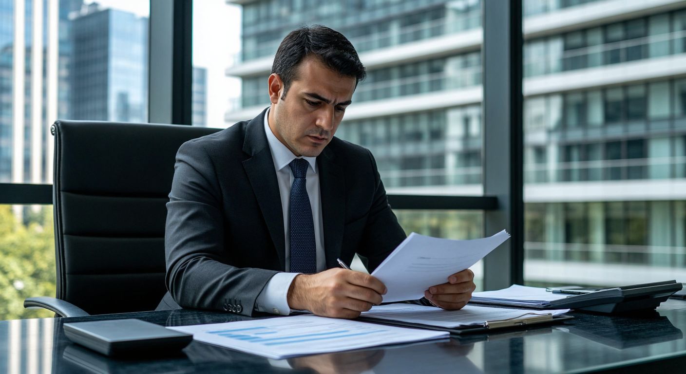A stern Turkish financial regulator in a formal suit reviews documents at a desk, symbolizing oversight, while a modern office building representing a savings finance company stands in the background.
