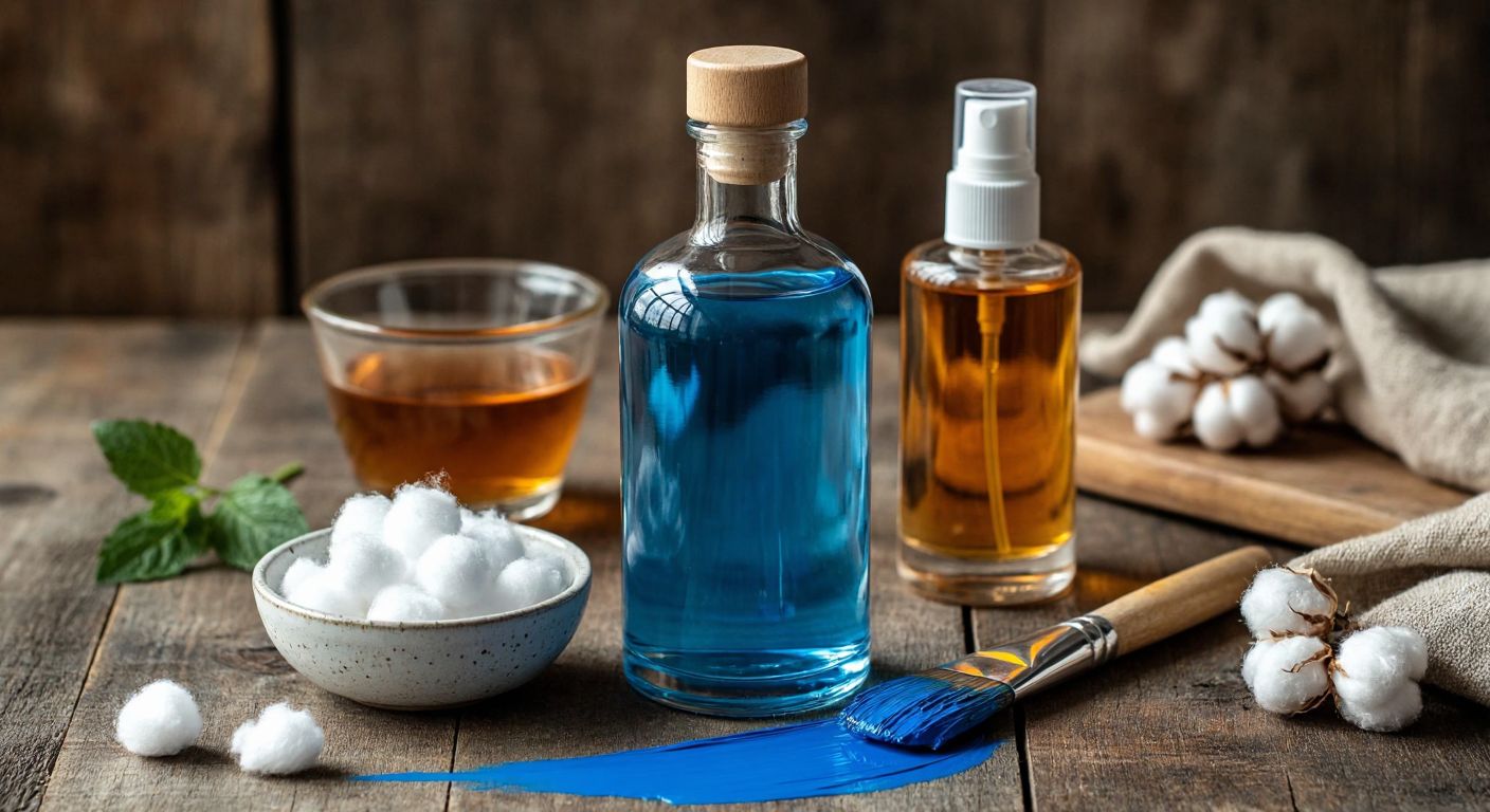A clear glass bottle of ethanol placed on a wooden table alongside a small bowl of antiseptic cotton balls, a flask of amber-colored fuel, a spray bottle of perfume, a bottle of raki, and a paintbrush dipped in vibrant blue paint.