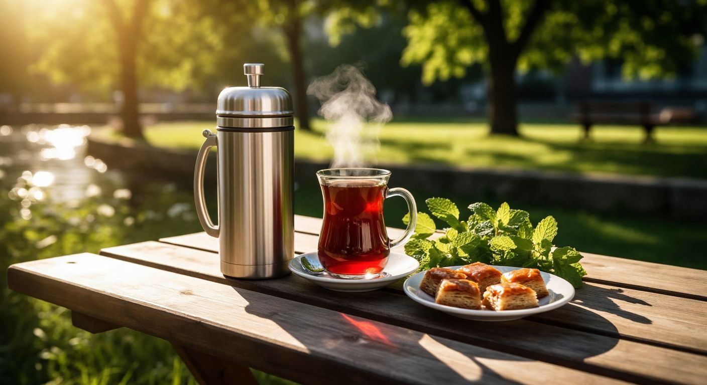 A stainless steel thermos with a side straw rests on a sunlit wooden picnic table beside a steaming cup of Turkish tea, surrounded by fresh mint leaves and a small plate of baklava, evoking warmth and convenience.