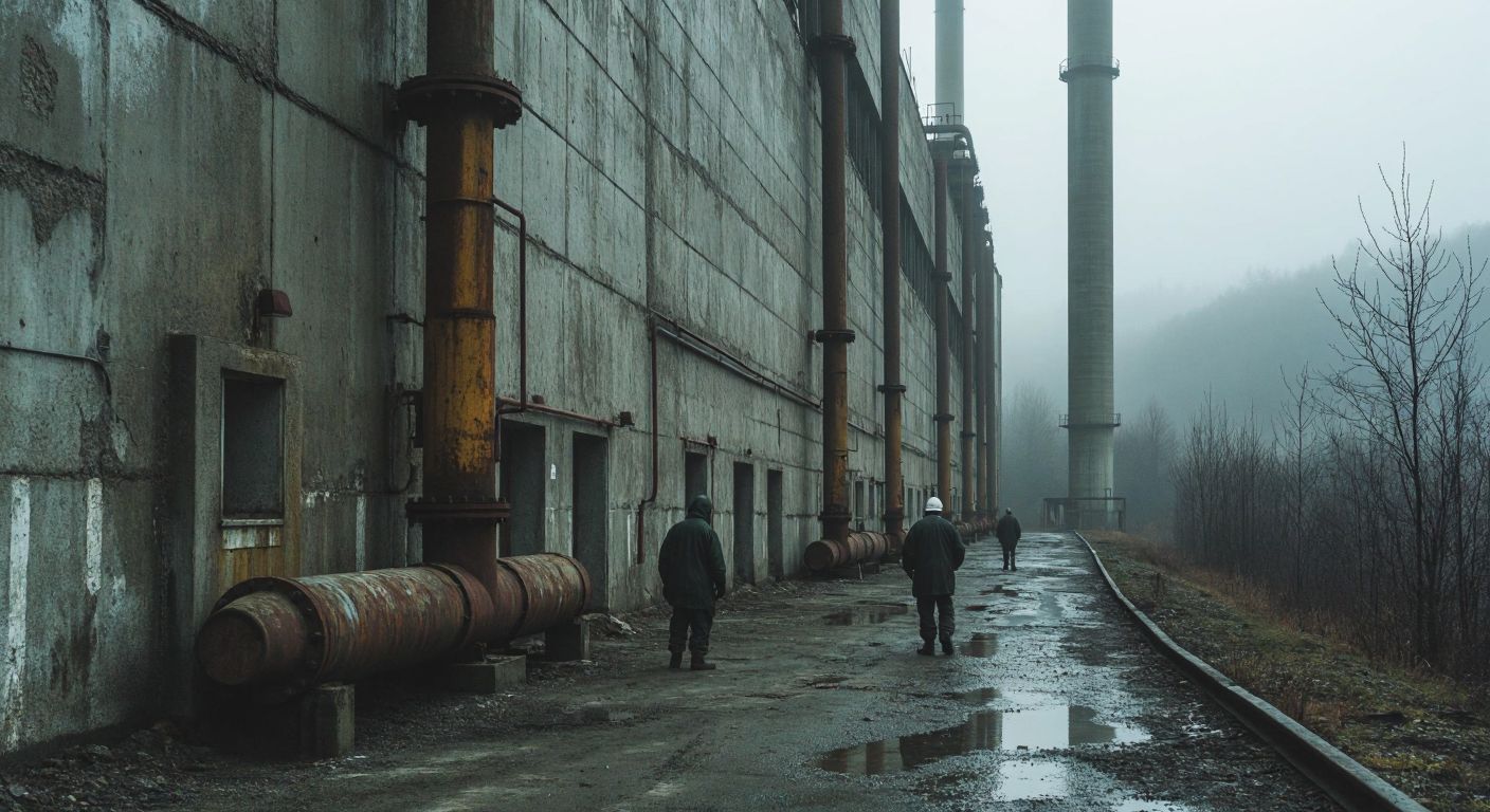 A dimly lit, aging nuclear power plant with cracked concrete walls and rusted pipes, set against a misty Bulgarian landscape, while workers in protective gear inspect the facility with concerned expressions.