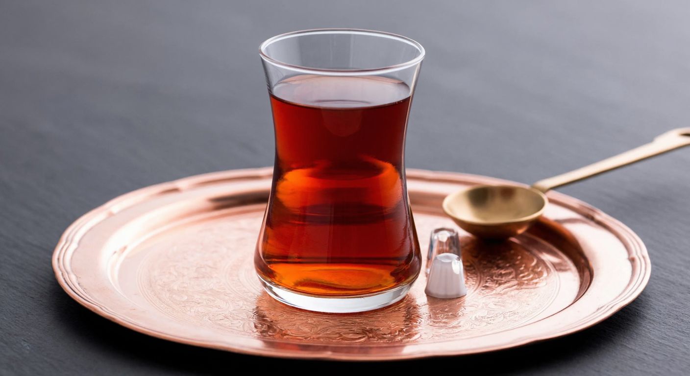 A clear, elegant Paşabahçe Allegra glass filled with amber-colored çay, resting on a traditional Turkish copper tray with a saucer and a small spoon beside it.